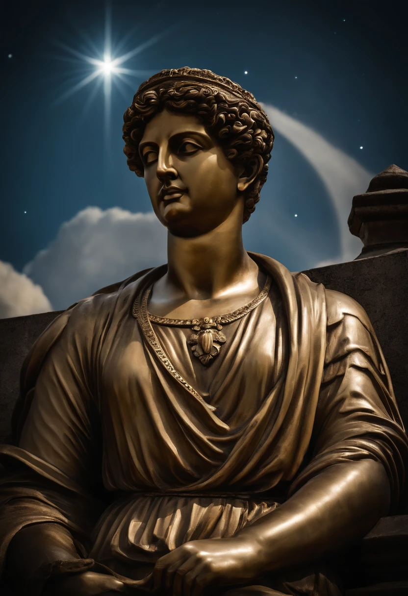 Por favor, Create a high-resolution image of a statue depicting an ancient Stoic focusing on the face and bust of the statue. This statue should be a vivid representation of wisdom and deep thinking.
The statue should be carved in exquisite detail, capturando as linhas do rosto, The expression of the eyes and the distinctive features of the Stoic. Cada ruga e dobra do rosto devem refletir a passagem do tempo e a sabedoria acumulada.
O fundo da imagem deve ser escuro, evocando uma noite estrelada. The starry night sky should be filled with bright stars and offer a sense of depth and mystery. The lighting on the statue should enhance its features, criando um contraste impressionante com o fundo estrelado.
As cores da imagem devem ser profissionais, with a balance of tones that enhance the expression and serenity of the statue. The image should convey a cinematic atmosphere that inspires contemplation and reflection.
Certifique-se de que cada detalhe, from the facial features of the statue to the stars in the sky, Be represented accurately and clearly. This image should evoke a sense of deep wisdom and introspection, Capturing the essence of Stoicism.