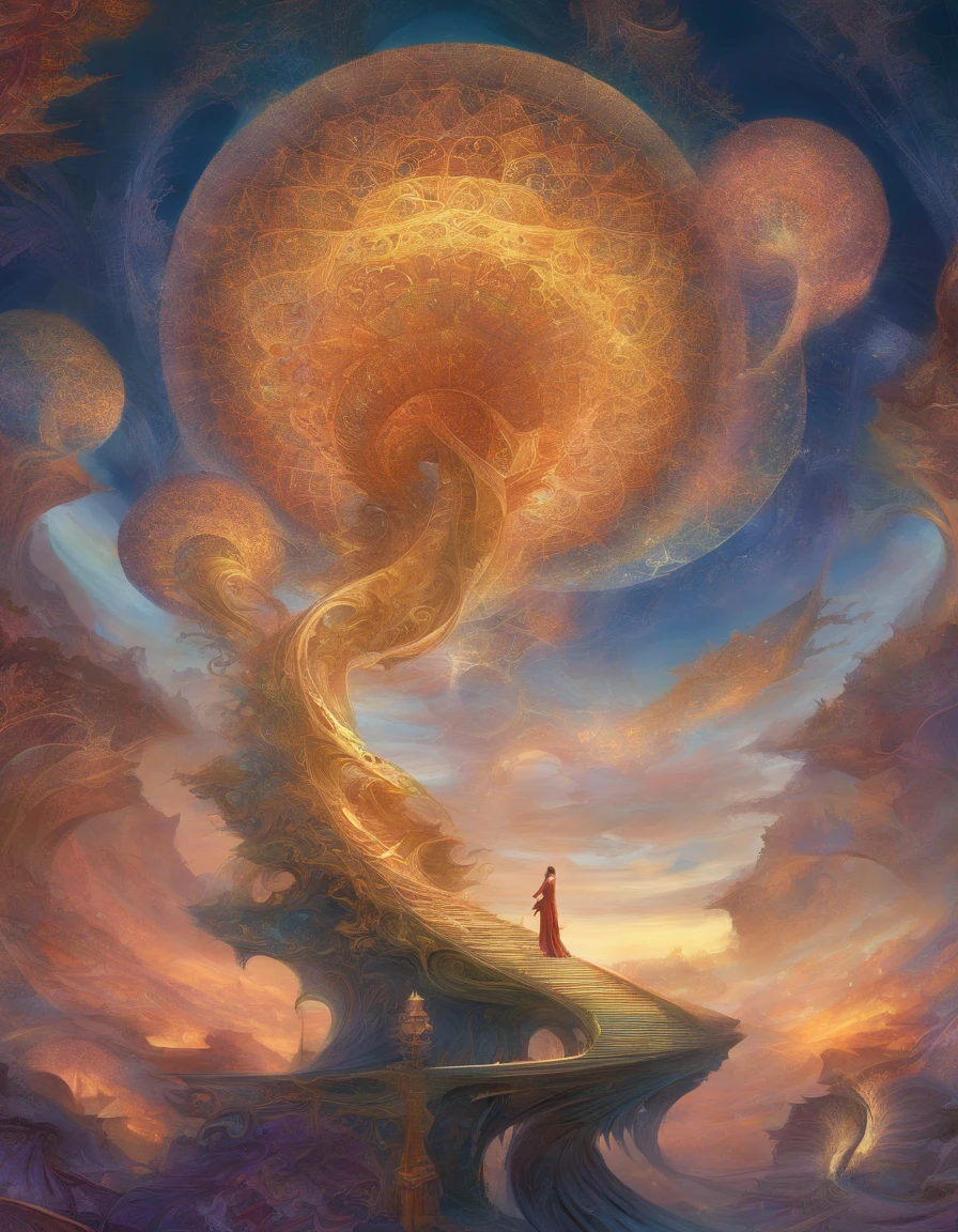 A 3D concept of The Sandman from Niel Gaiman stories, whose wide emotional spectrum is expressed through the beauty of fractal geometry. Their emotions transition between order and chaos, much like the self-similar patterns of a fractal. They exist amidst a fractal environment, where every element is a reflection of the recursive nature of fractals, creating a visually mesmerizing backdrop. The lighting mimics the fractal patterns, casting intricate shadows and highlights on the character. The camera angle explores the character's multifaceted emotional depth within the fractal world.