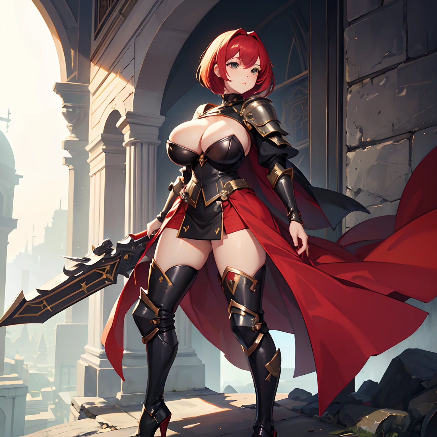 Female Knight // Upskirt // dress armor with long boots of high heels // neckline // alone // gigantic boobs // boobs size cup Q // short red hair