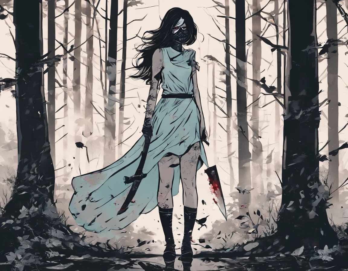 A girl wearing a hockey mask with a machete, piercing blue eyes, bloodied lips, and a sinister smile, surrounded by a dark and eerie forest. She is dressed in a tattered and dirty white dress, with long, tangled black hair covering half of her face, ((midriff exposed)), scene is set during a stormy night, with thunder and lightning illuminating the scene. The girl stands in a haunting pose, holding the machete in one hand and raising it high in the air. The atmosphere is filled with suspense and fear, as if she is about to strike her next victim.
The artwork should be created in a hyper-realistic style, using high-resolution techniques to capture every detail of the girl's face, dress, and the surrounding forest. The colors should be desaturated, with a cold and gloomy tone, enhancing the horror theme. Studio lighting should be used to add depth and highlight the details of the girl's face and the forest. The overall image quality should be of the highest standard, producing a 4K or 8K masterpiece that showcases extreme detail and realism.
In summary, the prompt should include the following tags:
- female Jason Voorhees
- hockey mask
- machete
- piercing blue eyes
- bloodied lips
- sinister smile
- dark and eerie forest
- tattered and dirty white dress
- long tangled black hair
- stormy night
- thunder and lightning
- haunting pose
- suspense
- fear
- hyper-realistic style
- high-resolution techniques
- desaturated colors
- cold and gloomy tone
- studio lighting
- 4K or 8K quality
- extreme detail and realism
Remember to arrange the tags in order of importance and separate them with commas.