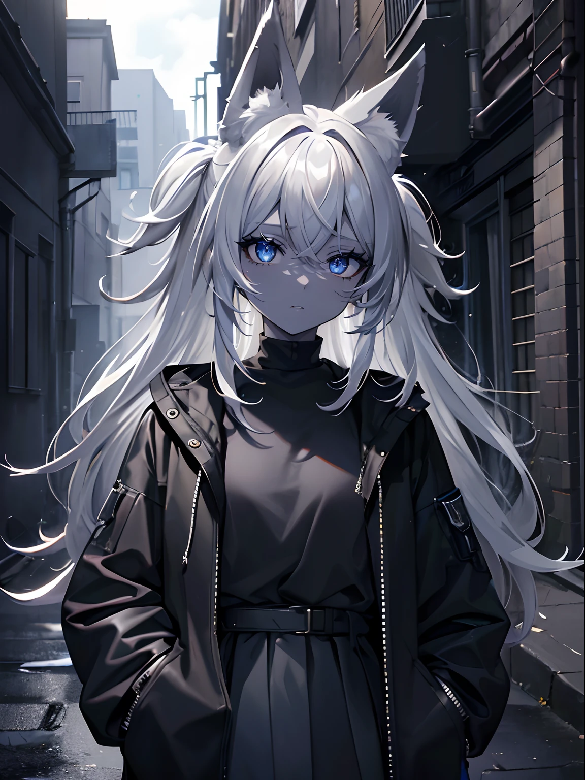 (masterpiece,best quality,ultra-detailed),1girl,orange hair,messy hair, black shirt,black jacket,(fox ears),beautiful eyes,(colored skin, grey-blue skin),in a alleyway,(grey theme),(pastel colors theme)