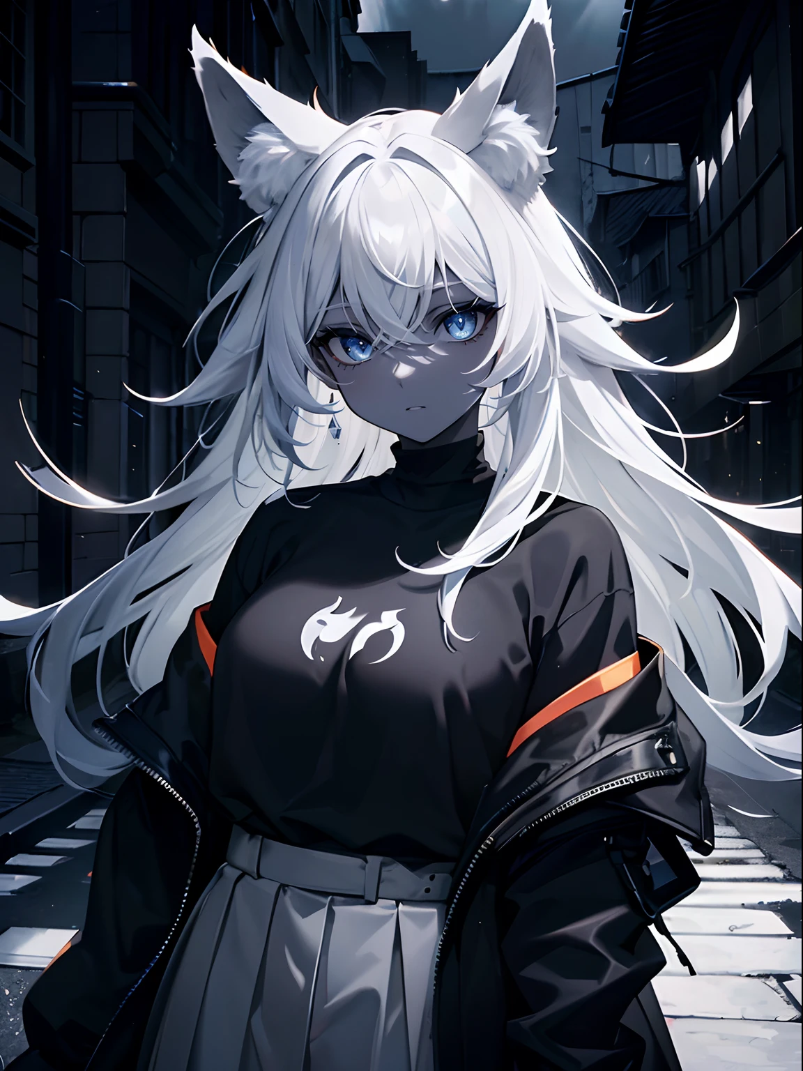 (masterpiece,best quality,ultra-detailed),1girl,orange hair,messy hair, black shirt,black jacket,(fox ears),beautiful eyes,(colored skin, grey-blue skin),in a alleyway,(grey theme),(pastel colors theme)