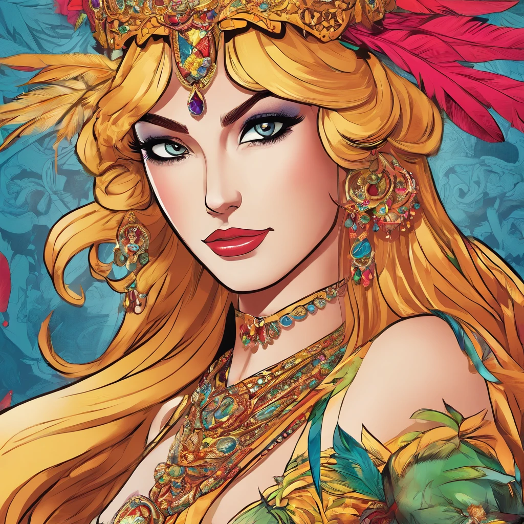 best quality, 4k, highres:1.2, ultra-detailed, realistic:1.37, vivid colors, studio lighting, shiny materials, magnificent feathers, sparkling details, intricate eye makeup, extravagant costume, regal posture, confident expression, dramatic lighting, vibrant colors, majestic atmosphere