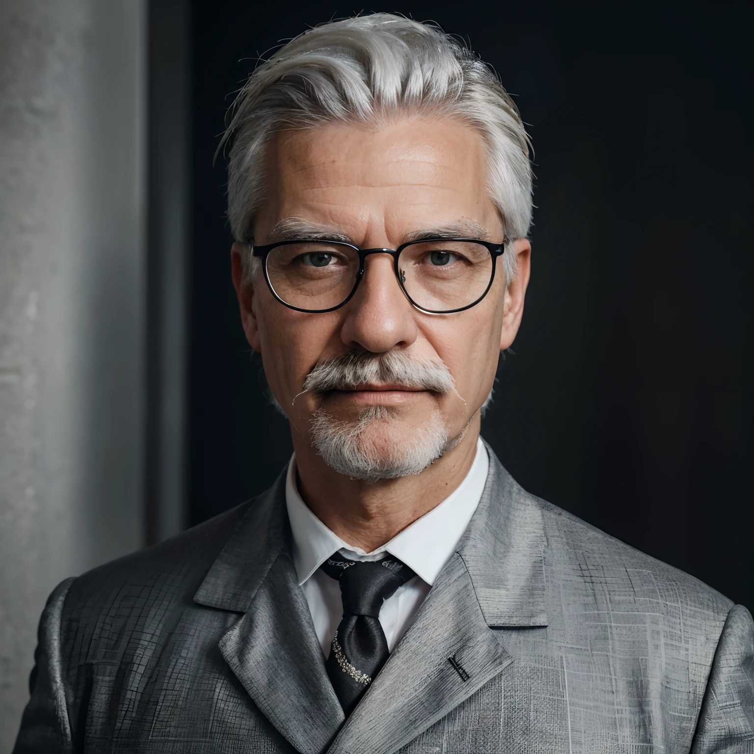 (best quality, highres, masterpiece:1.2), ultra-detailed, realistic:1.37, German man with white hair and mustache, glasses, elegant shirt, posing for the official portrait at the city hall, mayor of a small German town in Brazil, photography, fine details, professional lighting, vibrant colors, classic black and white tone