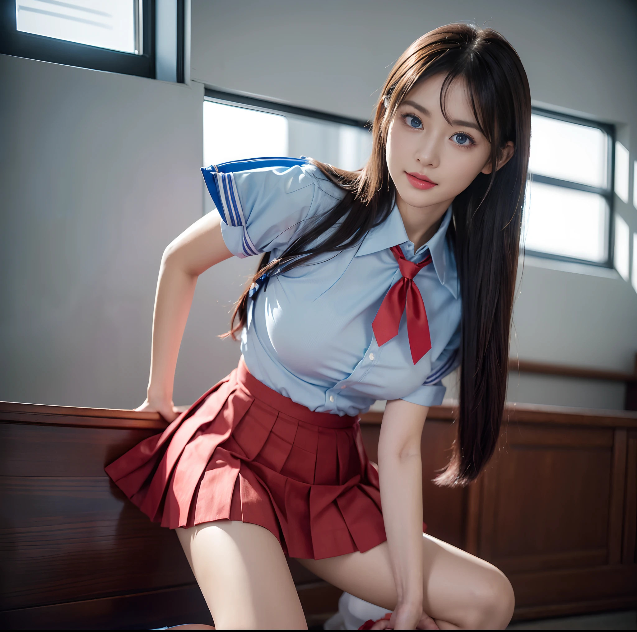 top-quality, masterpiece, (Professional lighting without shadows), A hyper-realistic, Bewitching, perfect anatomia, Two girls, (Proudly stand in front of the camera、Girl showing off ribbon tie, Another girl on the other side、Bend over and stick your butt out towards the camera), ( Huge breasts:1.2), Bright and even whitening skin without wrinkles and steps, (Bright beautiful blue eyes with long eyelashes and red tear bags reflected light:1.3)、 Braided half-up hair with bangs, (Her outfit dresses up a cramped schoolgirl uniform that fits the body very short with ultra mini pleated skirt length:1.3), (Proudly showing off a crimson ribbon tie from the front), (Another girl on the other side、To beautifully emphasize the proud ultra mini pleated skirt、Showing off a pose with the buttocks exposed from directly behind:1.2), (Beautiful face squinting in dazzling light), (ssmile), ishiharasatomi