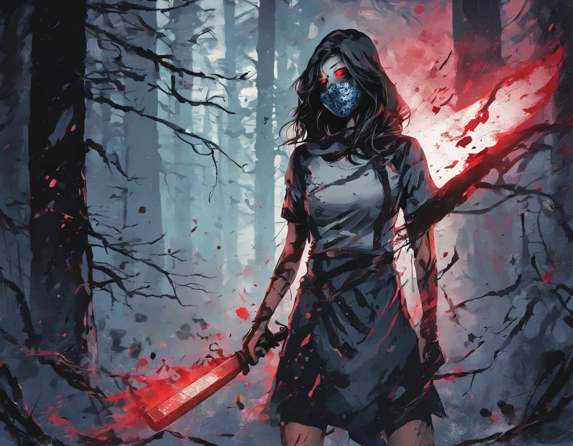 A girl wearing a hockey mask with a machete, piercing blue eyes, bloodied lips, and a sinister smile, surrounded by a dark and eerie forest. She is dressed in a tattered and dirty white dress, with long, tangled black hair covering half of her face, (((midriff exposed))), scene is set during a stormy night, with thunder and lightning illuminating the scene. The girl stands in a haunting pose, holding the machete in one hand and raising it high in the air. The atmosphere is filled with suspense and fear, as if she is about to strike her next victim.
The artwork should be created in a hyper-realistic style, using high-resolution techniques to capture every detail of the girl's face, dress, and the surrounding forest. The colors should be desaturated, with a cold and gloomy tone, enhancing the horror theme. Studio lighting should be used to add depth and highlight the details of the girl's face and the forest. The overall image quality should be of the highest standard, producing a 4K or 8K masterpiece that showcases extreme detail and realism.
In summary, the prompt should include the following tags:
- female Jason Voorhees
- hockey mask
- machete
- piercing blue eyes
- bloodied lips
- sinister smile
- dark and eerie forest
- tattered and dirty white dress
- long tangled black hair
- stormy night
- thunder and lightning
- haunting pose
- suspense
- fear
- hyper-realistic style
- high-resolution techniques
- desaturated colors
- cold and gloomy tone
- studio lighting
- 4K or 8K quality
- extreme detail and realism
Remember to arrange the tags in order of importance and separate them with commas.
