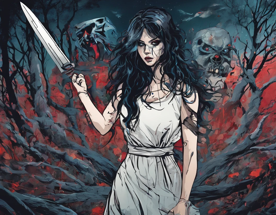 A girl wearing a hockey mask with a machete, piercing blue eyes, bloodied lips, and a sinister smile, surrounded by a dark and eerie forest. She is dressed in a tattered and dirty white dress, with long, tangled black hair covering half of her face, (((midriff exposed))), scene is set during a stormy night, with thunder and lightning illuminating the scene. The girl stands in a haunting pose, holding the machete in one hand and raising it high in the air. The atmosphere is filled with suspense and fear, as if she is about to strike her next victim.
The artwork should be created in a hyper-realistic style, using high-resolution techniques to capture every detail of the girl's face, dress, and the surrounding forest. The colors should be desaturated, with a cold and gloomy tone, enhancing the horror theme. Studio lighting should be used to add depth and highlight the details of the girl's face and the forest. The overall image quality should be of the highest standard, producing a 4K or 8K masterpiece that showcases extreme detail and realism.
In summary, the prompt should include the following tags:
- female Jason Voorhees
- hockey mask
- machete
- piercing blue eyes
- bloodied lips
- sinister smile
- dark and eerie forest
- tattered and dirty white dress
- long tangled black hair
- stormy night
- thunder and lightning
- haunting pose
- suspense
- fear
- hyper-realistic style
- high-resolution techniques
- desaturated colors
- cold and gloomy tone
- studio lighting
- 4K or 8K quality
- extreme detail and realism
Remember to arrange the tags in order of importance and separate them with commas.