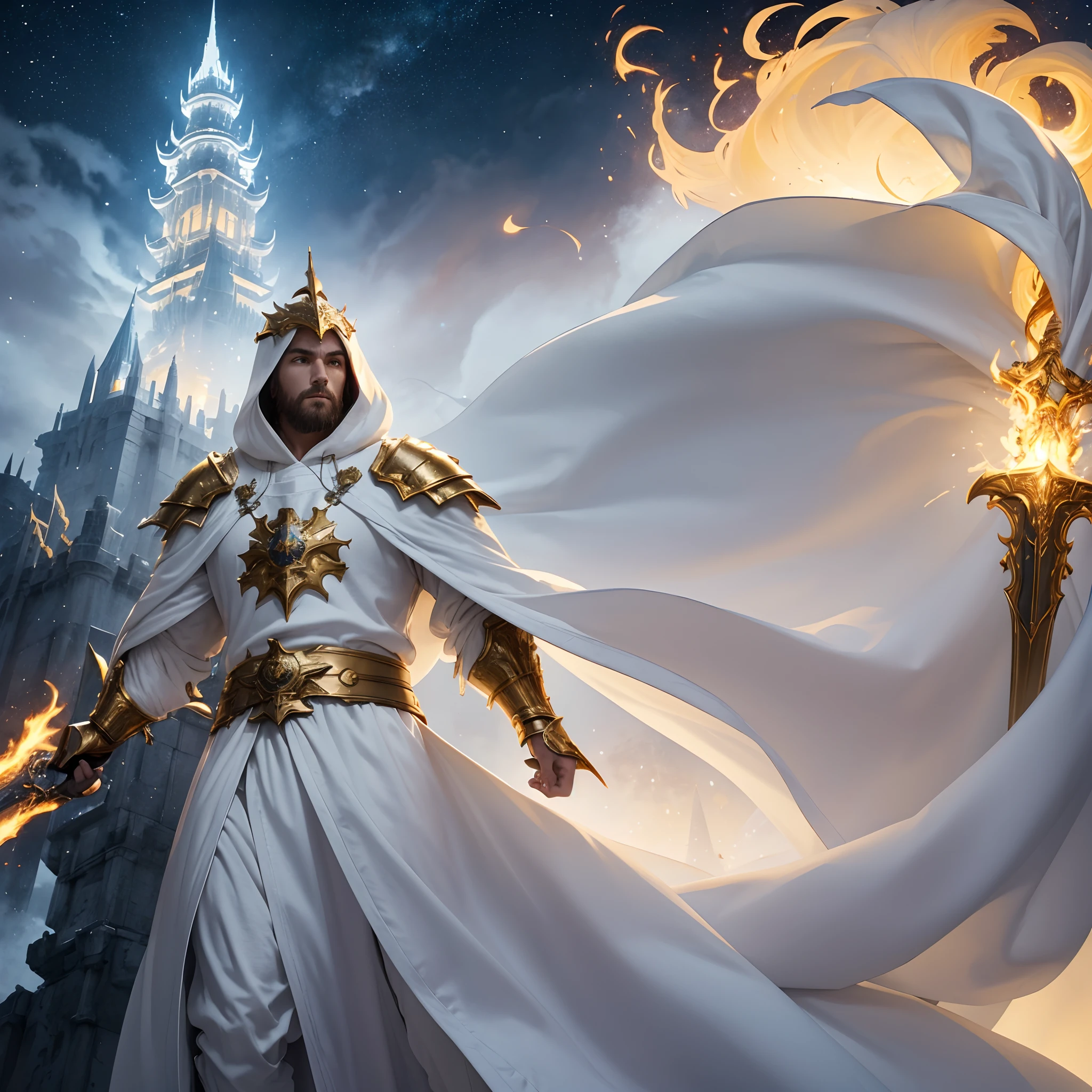 full body low angle shot of an intimidating male unarmored holy warrior with a large flowing white cloak with hood wearing a white and golden clothes and wielding a two-handed greatsword burning with golden flames standing on top of a castle tower on a starry night, man, ritualistic mask, long white cloak, shining white eyes, low angle, highly detailed, divine aspect