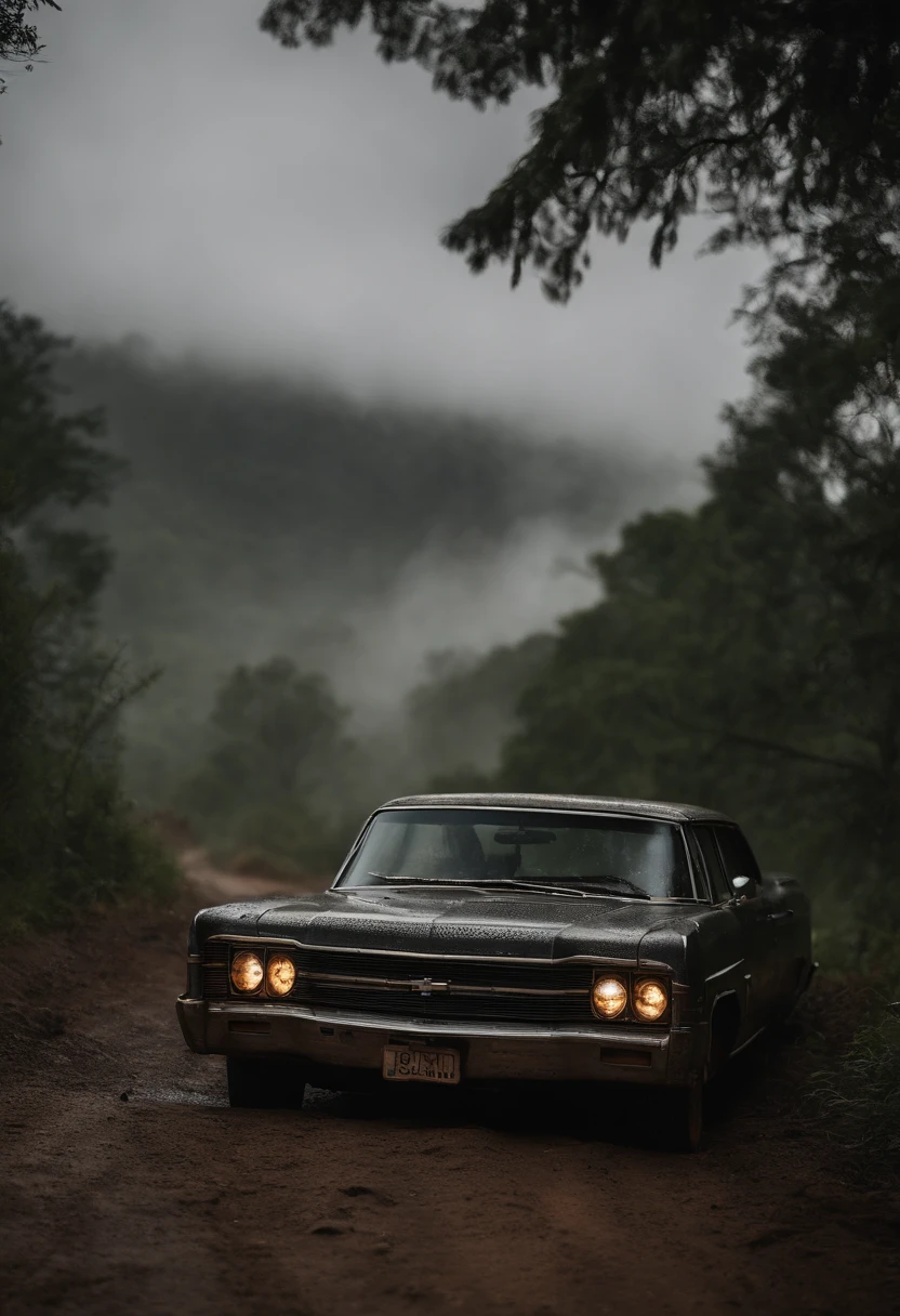 The sound of rain and metal sounded in unison,The tires are torn and spinning in caramel-like mud,The engine barked frantically in the dark。It was an old-fashioned Chevrolet Impala:Litflan impala。Car struggling on dirt road in the forest,The dim light is dim and faint, It cannot shoot through the darkness。The sky is pouring rain, The forest is tall and majestic。dark,very heavy rain,Weak light