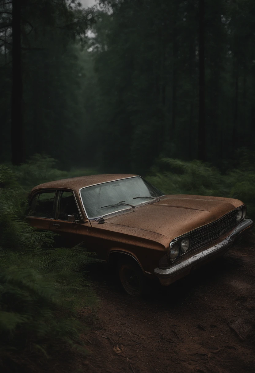 The sound of rain and metal sounded in unison,The tires are torn and spinning in caramel-like mud,The engine barked frantically in the dark。It was an old-fashioned Chevrolet Impala:Litflan impala。Car struggling on dirt road in the forest,The dim light is dim and faint, It cannot shoot through the darkness。The sky is pouring rain, The forest is tall and majestic。dark,very heavy rain,Weak light