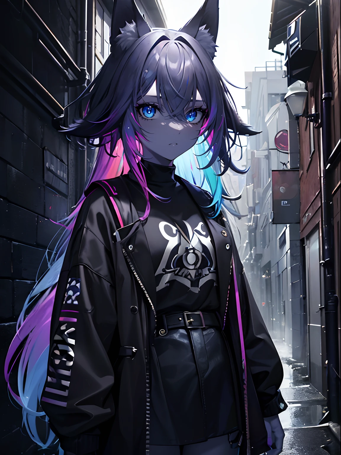 (masterpiece,best quality,ultra-detailed),1girl,(multicolored hair,blue yellow red purple hair),messy hair, black shirt,black jacket,(fox ears),beautiful eyes,(colored skin, grey-blue skin),in a alleyway,(grey theme),(pastel colors theme)