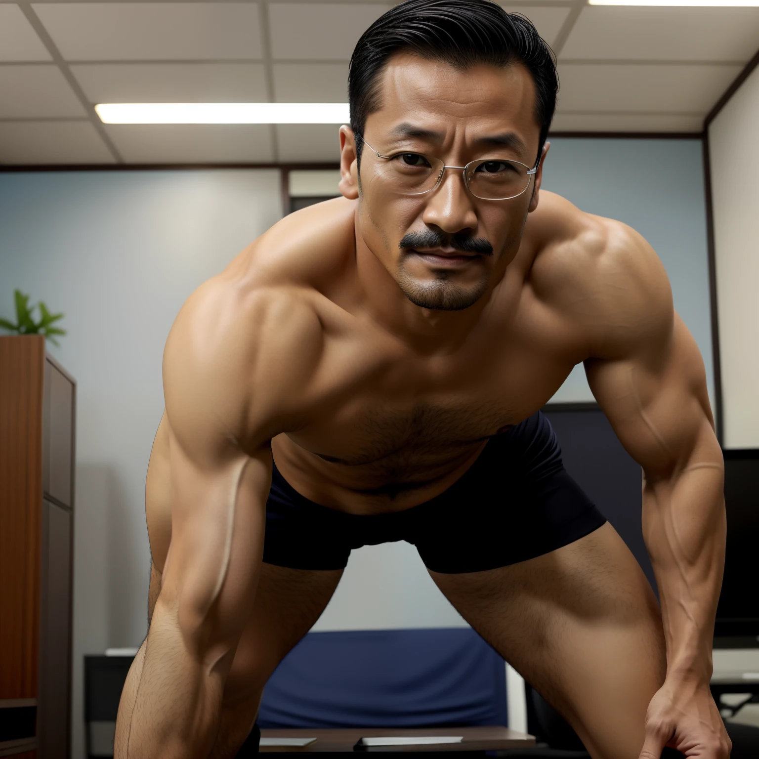 aged 40，Hidetoshi Nakata，（Kogoro Mouri 1.3），Shirtless，Thick body hair，Very short hair，Bulge，fortitude，office room，Black shirt，Two people knelt，Light blue panties，Sexy briefs，Jumpsuits，fortitude，k hd，with mustache，black long socks