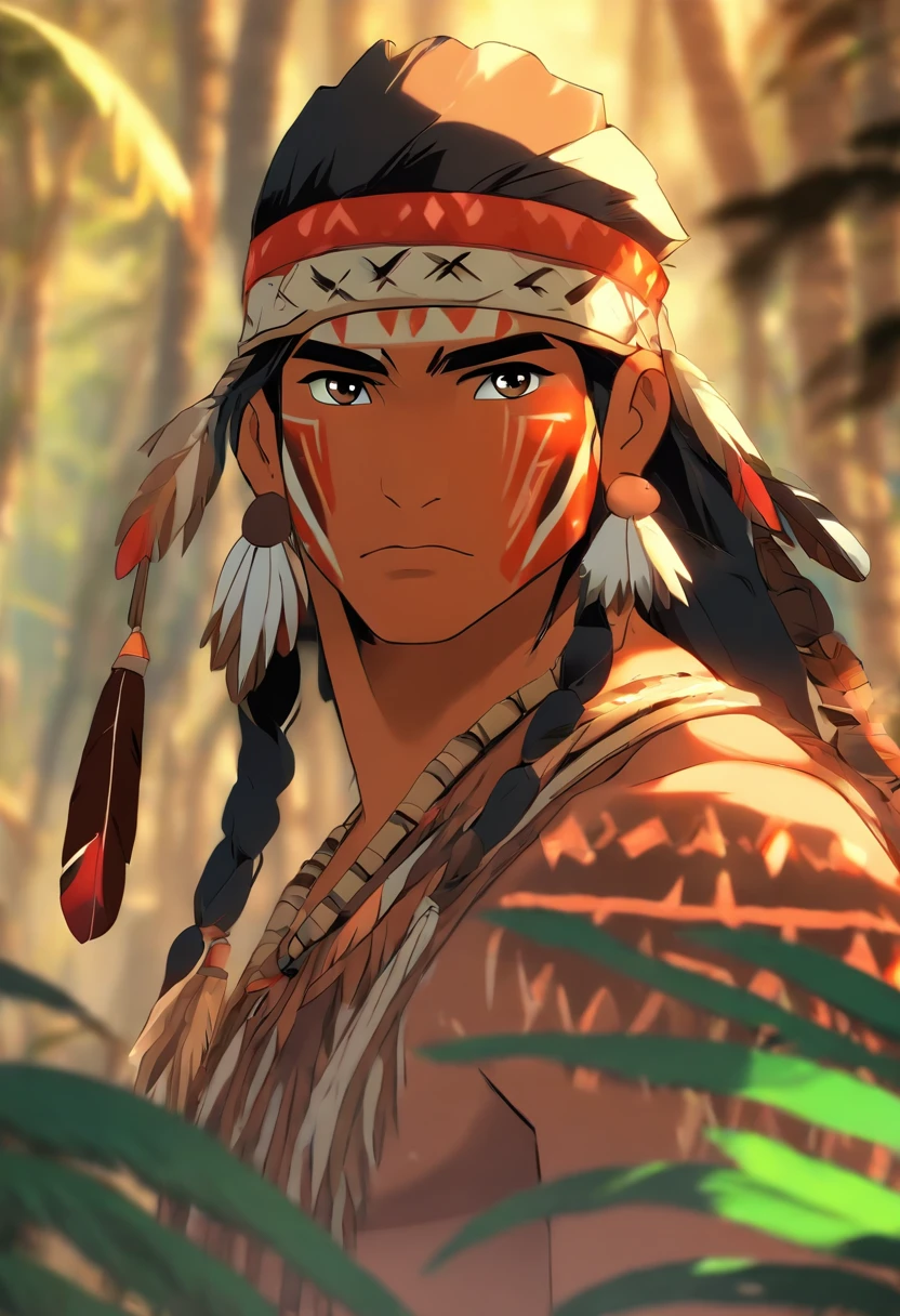 (((Indigenous man))) best quality, very high resolution, detailed CG in 4K, masterpiece, amazon brazil, indigenous, indigenous tribes, indigenous city, forest, aesthetics, beautiful image, centered on screen, full body