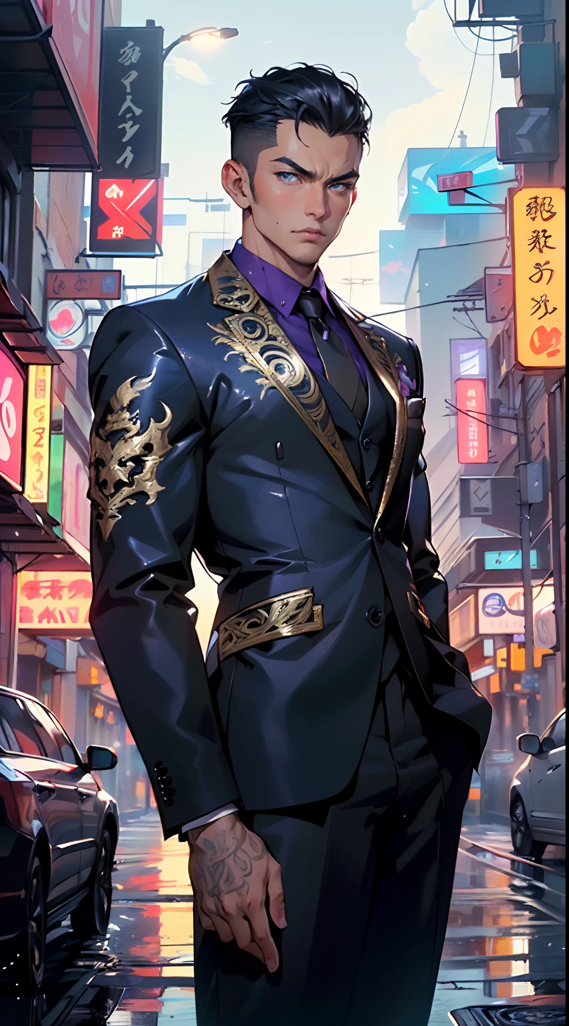 man:1.5,1 man,businessman man,(((1man))),((man with black short hair)),
(((1male,man:1.5,handsome man,male,male gender:1.5,male focus))),macho man,attractive villain,evil villain,
((slicked back hair, slicked back hair,black short haircut,)),(((lustrous skin:1.5,tanned skin,bright skin: 1.5,skin tanned,shiny skin,very shiny skin,shiny body,illuminated skin))),(((blue_eyes:1.2))),intricate eyes,beautiful detailed eyes,symmetrical eyes,((man chest)),handsome face,((muscular)),male jaw,(((detailed face))),
manly,nsfw,
cyberpunk businessman, ((Business suit:1.5)), futuristic businessman,((bulge in pants)),((dark purple and black suit:1.2)),(elegant suit),((wet clothes,intricate outfit,intricate clothes,intricate suit,ornate outfit,ornate clothes,ornate suit,embroidered outfit,embroidered clothes,embroidered suit,dragon embroidery)),
(dynamic pose:1.0),solo focus,((smug)),(centered,scale to fit dimensions,Rule of thirds),
cyberpunk city by the ocean at night, with bright neon signs and dark stormy clouds and puddles, scenery:1.25,
highres, sharp focus, (ultra detailed, extremely detailed), (photorealistic artwork:1.37),(extremely detailed CG unity 8k wallpaper),((synthwave background theme)),(((vibrant colors))),(intricate background),(masterpiece),(best quality),