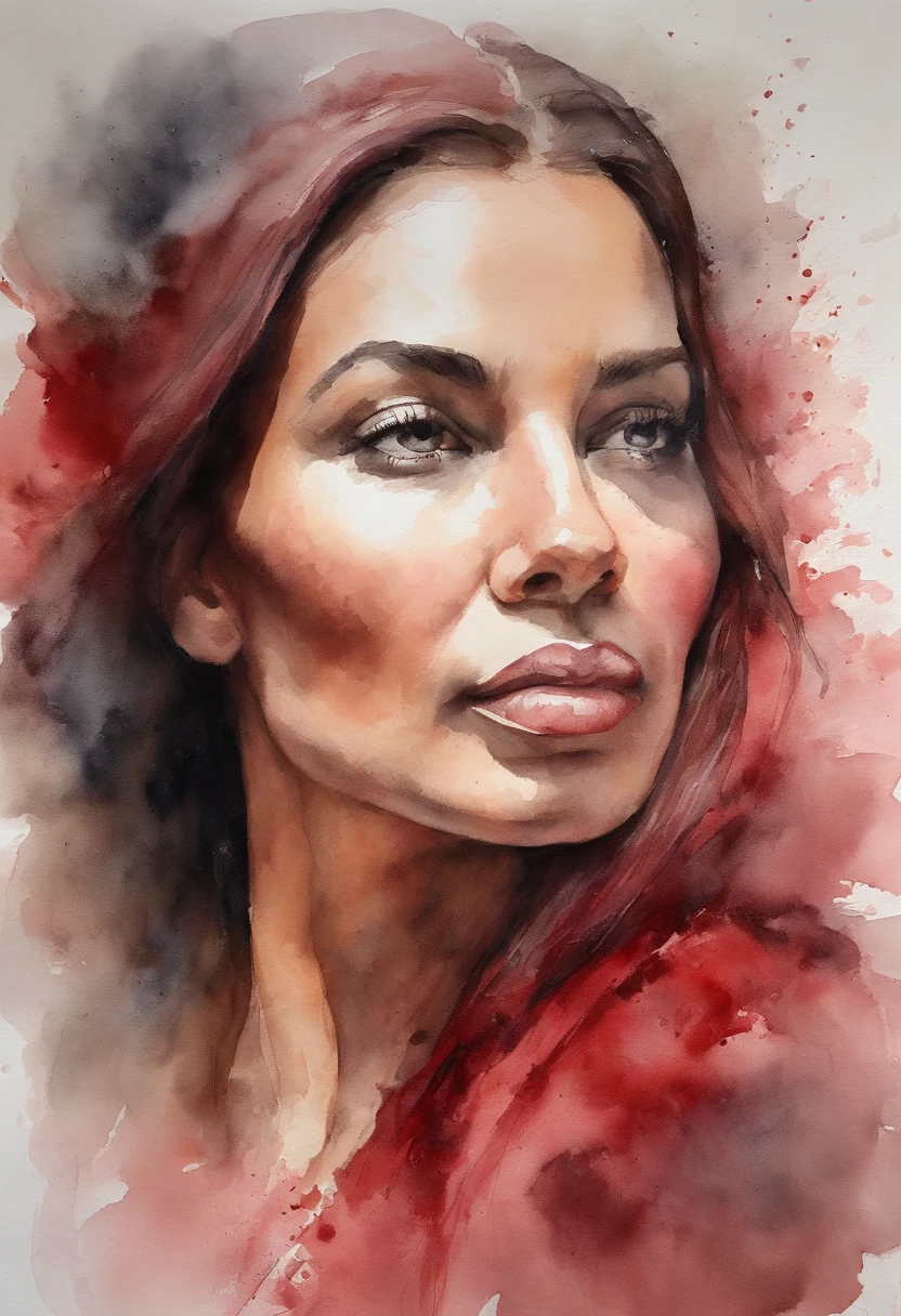 An impasto oil painting of woman, Perfil , vista ao lado, usando uma rosa vermelha em seu cabelo perto da orelha, fundo branco, fechado, hyper realistic oil painting. obra-prima obra de arte.