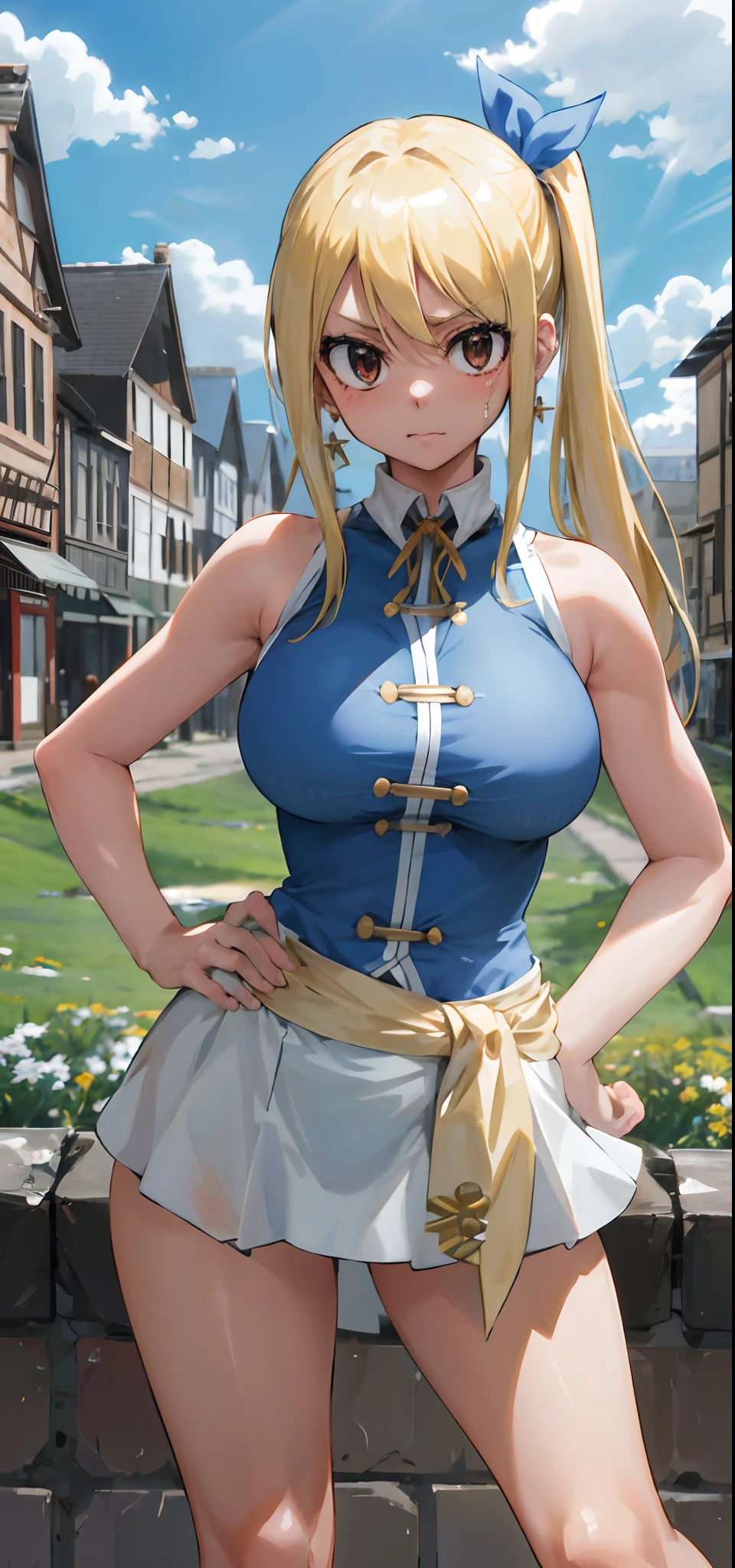 asterpiece, best quality, highres, lucy heartfilia, blonde hair, long hair, side ponytail, blue ribbon, large breasts, earrings, standing, outdoors, town, house, cowboy shot, looking at viewer, hand on hip, dominant, blood, sadistic, bloody, sleeveless