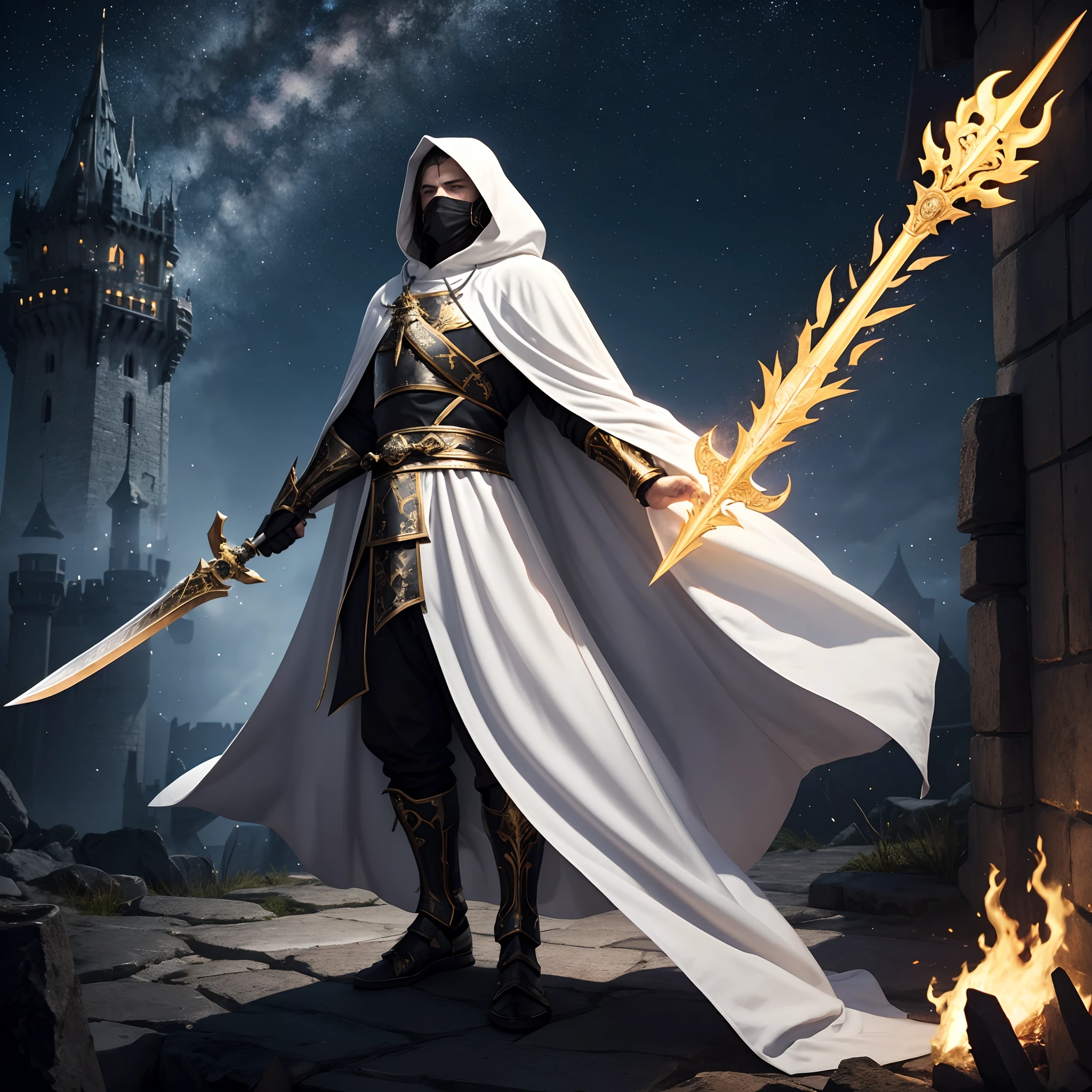 full body low angle shot of an intimidating male unarmored holy warrior with a large flowing white cloak with hood wearing a black and golden clothes and wielding a two-handed greatsword burning with golden flames standing on top of a castle tower on a starry night, man, ritualistic mask, long white cloak, shining white eyes, low angle, highly detailed, divine aspect