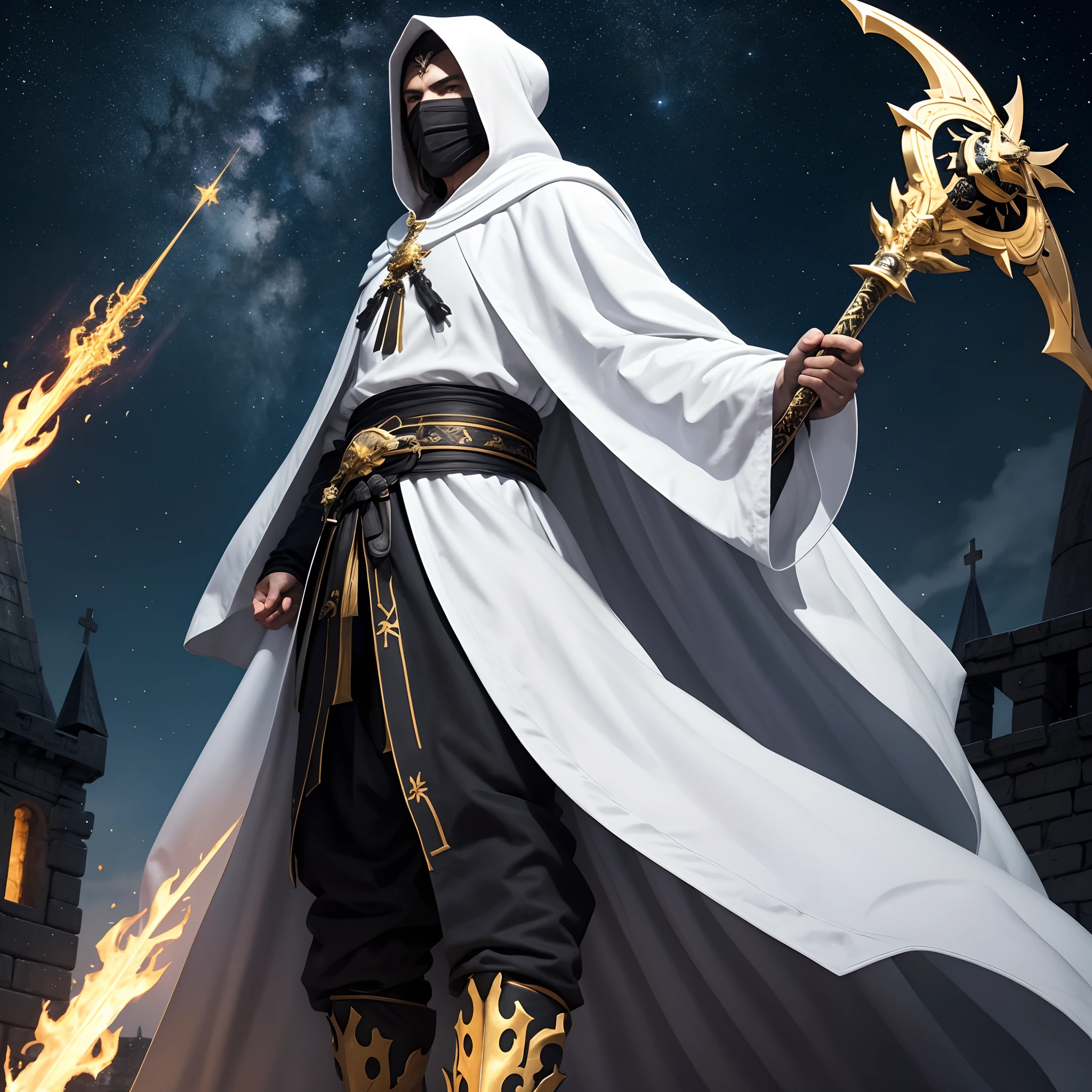 full body low angle shot of an intimidating male unarmored holy warrior with a large flowing white cloak with hood wearing a black and golden clothes and wielding a two-handed greatsword burning with golden flames standing on top of a castle tower on a starry night, man, ritualistic mask, long white cloak, shining white eyes, low angle, highly detailed, divine aspect