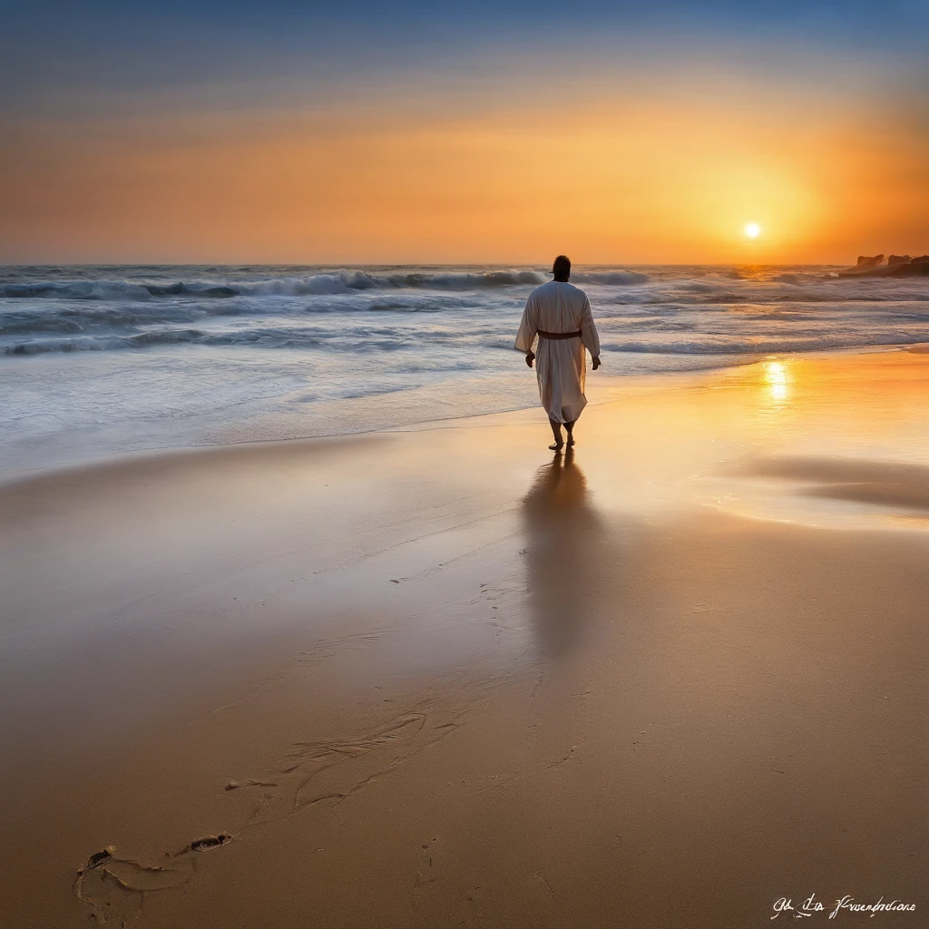 Jesus Christ standing on the beach, olhando para o horizonte do mar. He wears a white tunic with a golden band at the waist. His face has an expression of peace and wisdom. The wind swings her long light brown hair. At his side is one of his disciples, olhando admirado para Jesus. The disciple has dark hair and beard. Both are barefoot on the soft sand. The sky at dusk is in orange and purplish hues. The sea is calm with gentle waves. The water reflects the light of the sunset in golden tones. The scene conveys tranquility and connection with nature. It is photographed with soft focus, cores vibrantes e profundidade., Thick fog on the ground, Luz azul no horizonte, Motor Unreal 5, cinemactic, Low-angle photography, motion blur, profundidade de campo, dust, Cobblestones and dirt. Arte Splash, pingando tinta. Perfect color classification. influenciado por karel Appel e jeremy mann, Full of dramatic and threatening scenes, hiper-detalhado, Beautiful, detalhes insanos, detalhes intrincados, fotografia editorial, Fotografado com uma lente de 50mm, profundidade de campo, Tilt Blur, velocidade do obturador 1/1000, F/22. Mapas de luz, super brilhante