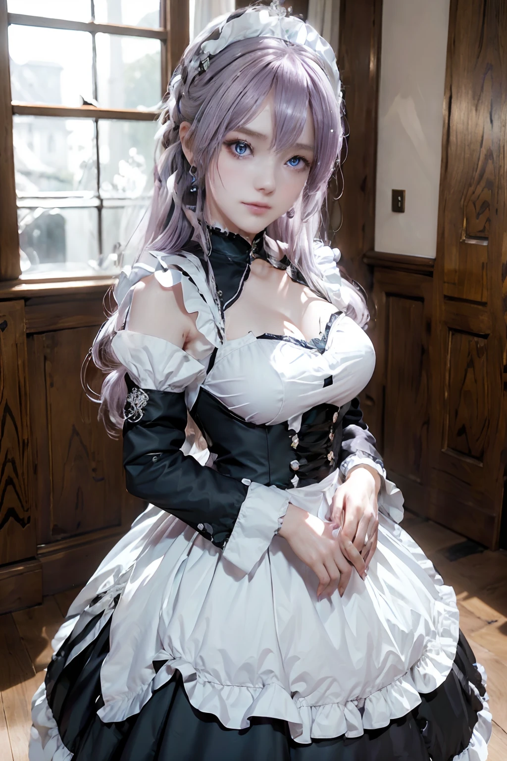 The woman, (European Citizenship: 1.2) In a black and white outfit posing for a photo, maiden! Dress, Anime Girl Cosplay, anime girl in a maid costume, The Magnificent Maiden, maid outfit, cosplay photo, cosplay, anime cosplay, A Few Cute Poses, (Face of the Goddess), (Elegant posture: 1.4), Elegant atmosphere, Noble atmosphere, (Milf: 1.6) (Pale purple hair: 1.5), (Cyan eyes: 1.4), (maidservant: 1.4), (Black and White Maid Outfit: 1.1), (Incredible beauty, High facial detail:1.3),