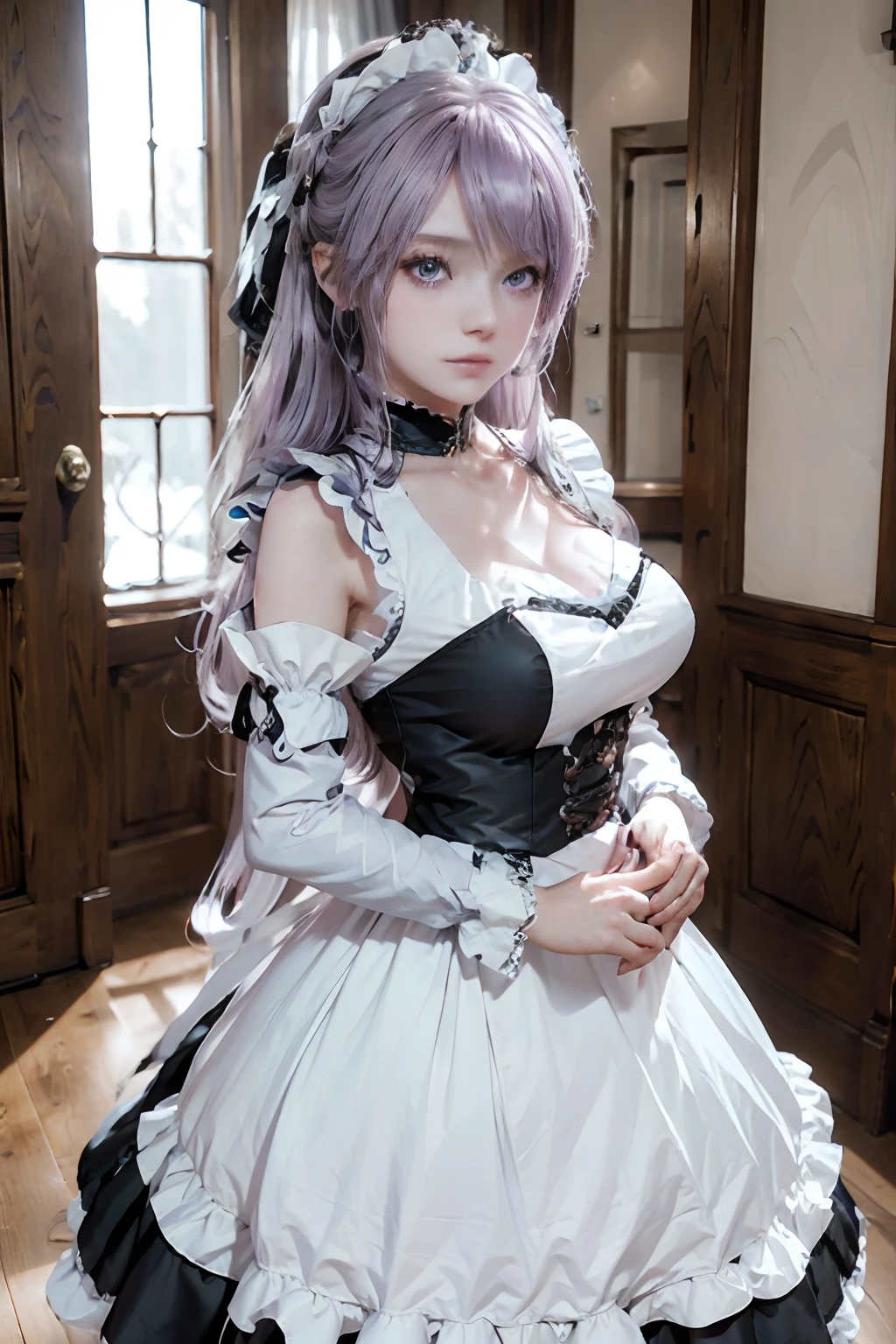 The woman, (European Citizenship: 1.2) In a black and white outfit posing for a photo, maiden! Dress, Anime Girl Cosplay, anime girl in a maid costume, The Magnificent Maiden, maid outfit, cosplay photo, cosplay, anime cosplay, A Few Cute Poses, (Face of the Goddess), (Elegant posture: 1.4), Elegant atmosphere, Noble atmosphere, (Milf: 1.6) (Pale purple hair: 1.5), (Cyan eyes: 1.4), (maidservant: 1.4), (Black and White Maid Outfit: 1.1), (Incredible beauty, High facial detail:1.3),