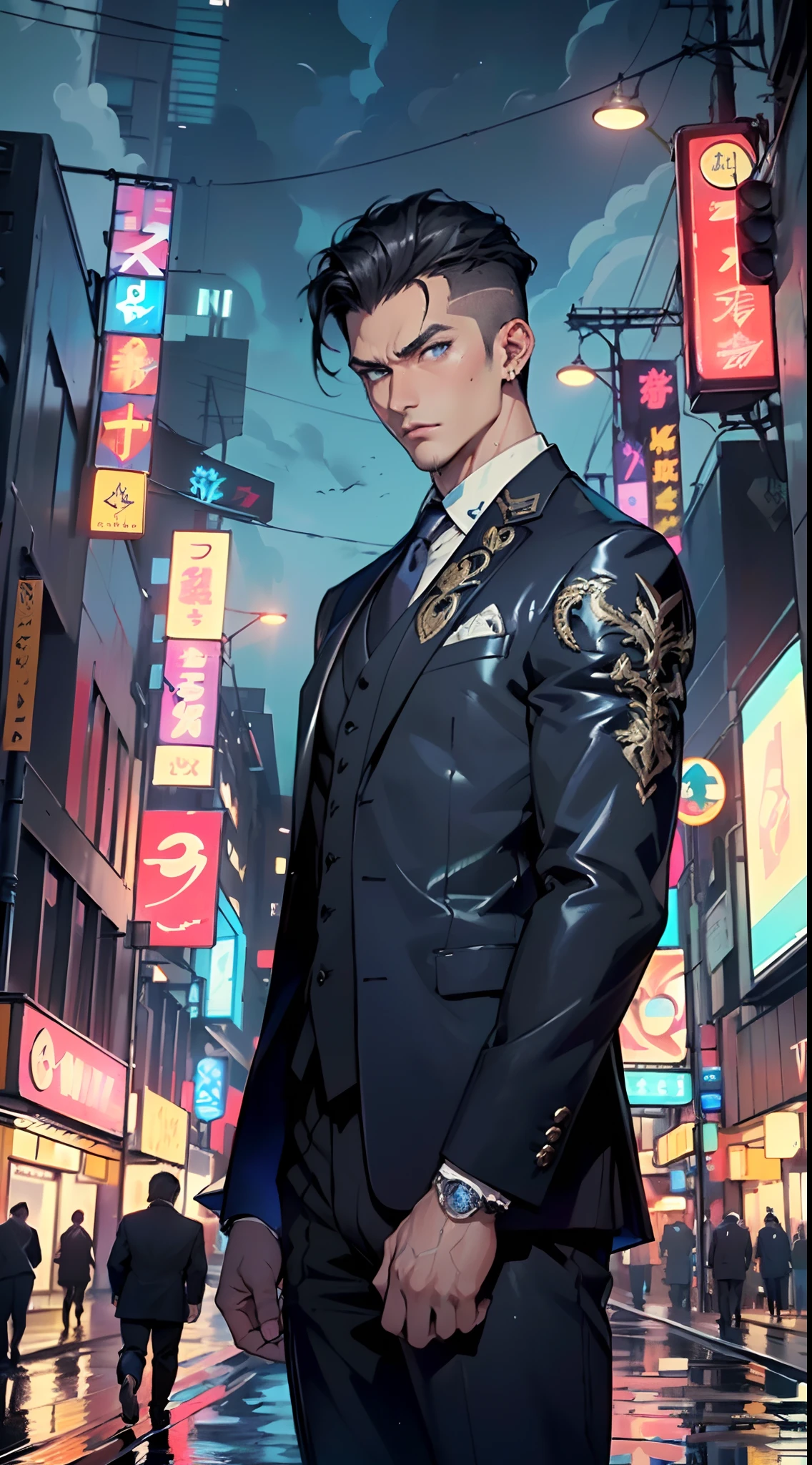 man:1.5,1 man,businessman man,(((1man))),((man with black short hair)),
(((1male,man:1.5,handsome man,male,male gender:1.5,male focus))),macho man,attractive villain,evil villain,
((slicked back hair, slicked back hair,black short haircut,)),(((lustrous skin:1.5,tanned skin,bright skin: 1.5,skin tanned,shiny skin,very shiny skin,shiny body,illuminated skin))),(((blue_eyes:1.2))),intricate eyes,beautiful detailed eyes,symmetrical eyes,((man chest)),handsome face,((muscular)),male jaw,(((detailed face))),
manly,nsfw,
cyberpunk businessman, ((Business suit:1.5)), futuristic businessman,((bulge in pants)),((dark purple and black suit:1.2)),(elegant suit),((wet clothes,intricate outfit,intricate clothes,intricate suit,ornate outfit,ornate clothes,ornate suit,embroidered outfit,embroidered clothes,embroidered suit,dragon embroidery)),
(dynamic pose:1.0),solo focus,((smug)),(centered,scale to fit dimensions,Rule of thirds),
cyberpunk city by the ocean at night, with bright neon signs and dark stormy clouds and puddles, scenery:1.25,
highres, sharp focus, (ultra detailed, extremely detailed), (photorealistic artwork:1.37),(extremely detailed CG unity 8k wallpaper),((synthwave background theme)),(((vibrant colors))),(intricate background),(masterpiece),(best quality),