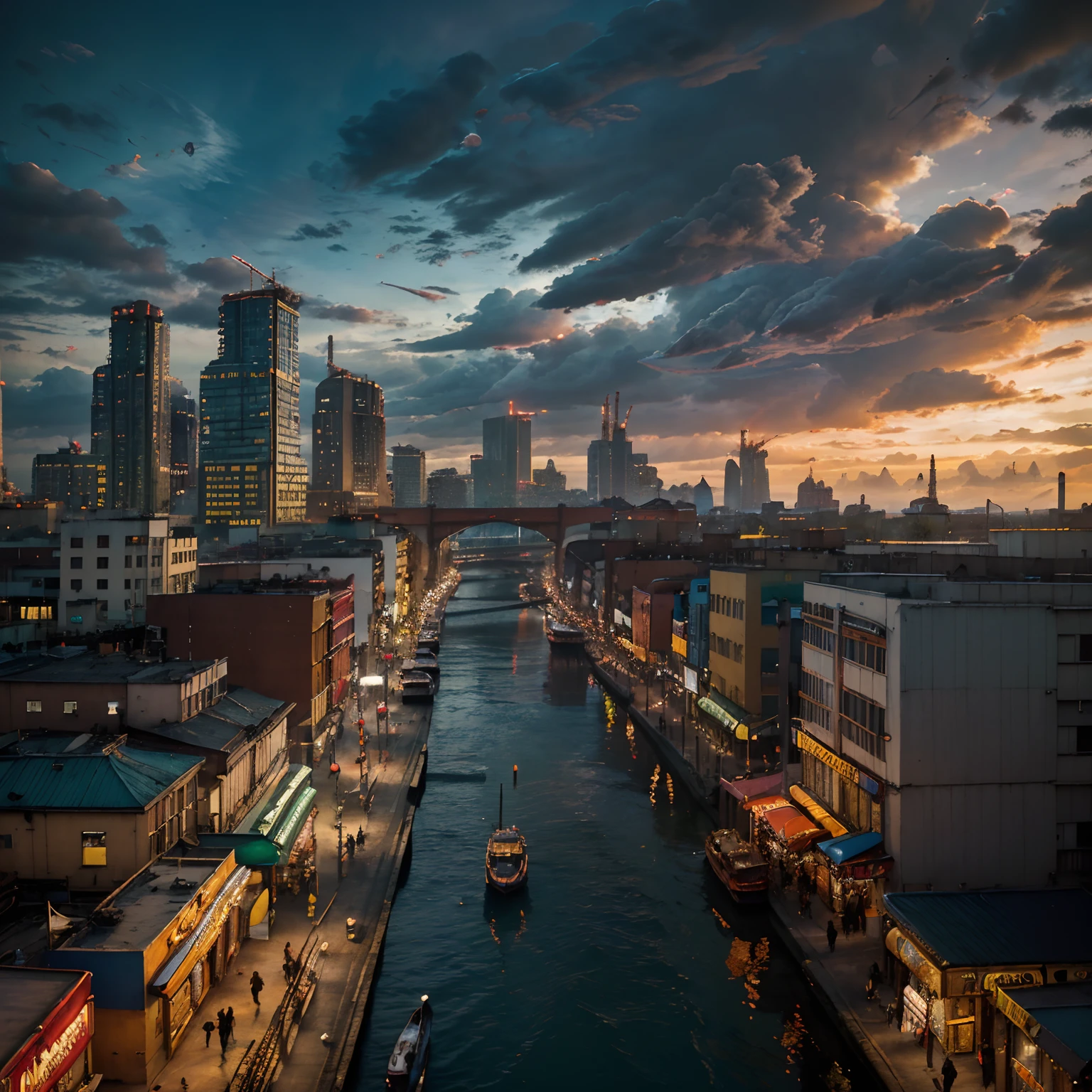 (aesthetic, colorful, vibrant), (urban life, bustling streets), (industrialized, factories), (tall buildings, skyscrapers), (iron structures), (detailed, elaborate), (soviet architecture, brutalist style), (contrasting, mix), (tropical climate), (lush greenery), (palm trees), (beautiful river), (harbor), (snow-capped mountains), (reflection of lights on the water), (busy traffic), (pedestrians), (colorful murals), (people in traditional costumes), (carnival atmosphere), (market stalls), (smokestacks), (heavy machinery), (cold breeze in the air), (cloudy sky), (sunset over the city), (warm colors), (soft lighting), (cinematic), (highly detailed), (photorealistic), (best quality, 4k resolution), (dusk), (dynamism), (grittiness).