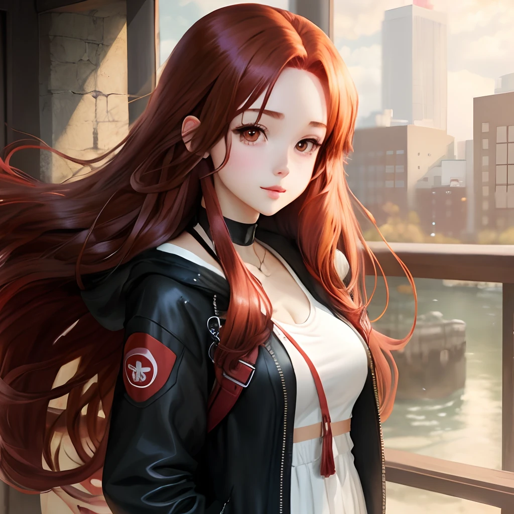 Anime girl with long dark red hair and brown eyes