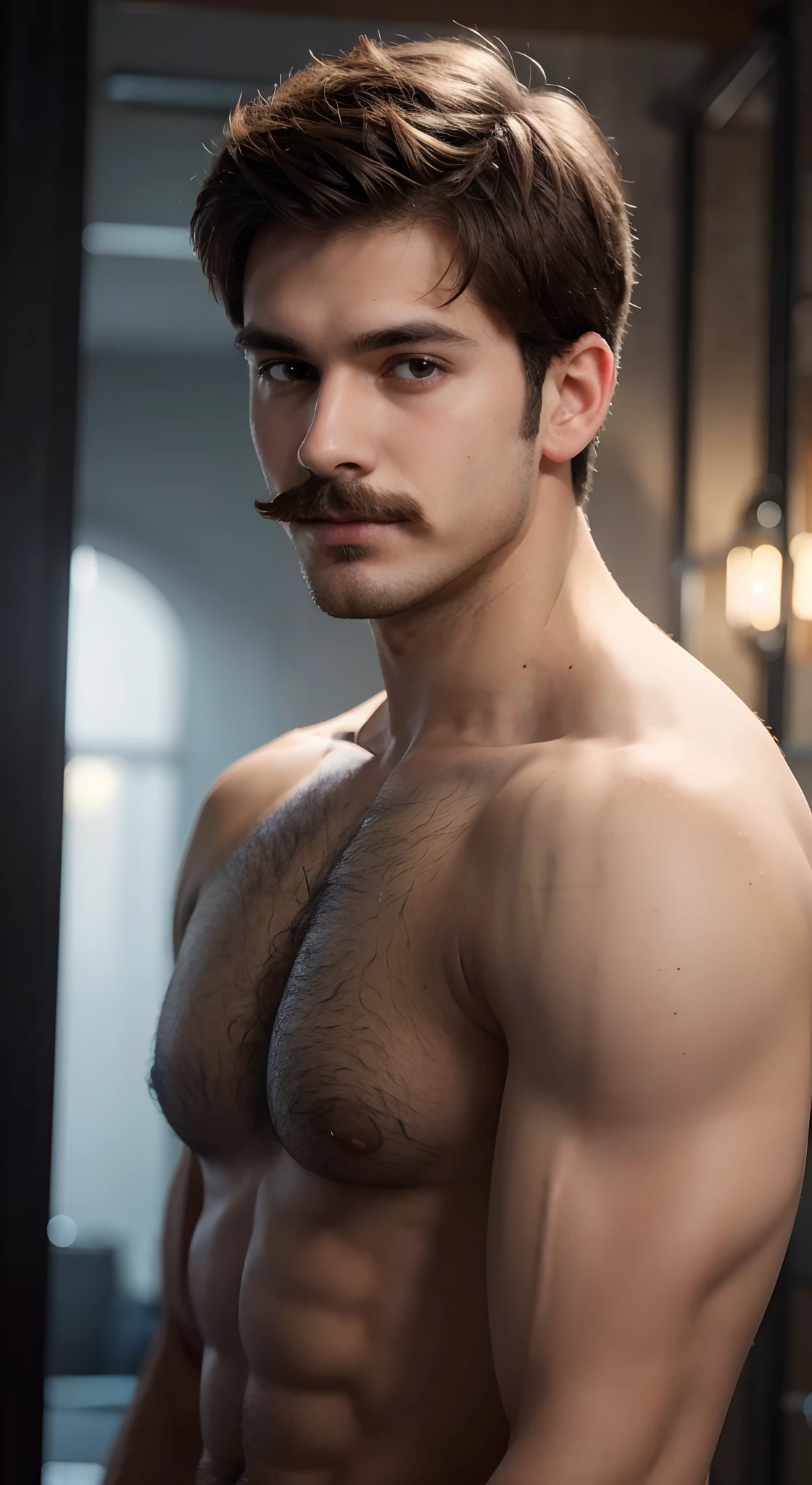 Short mustache, hairy chest, 22 years old, best quality, highly detailed, ultra high res