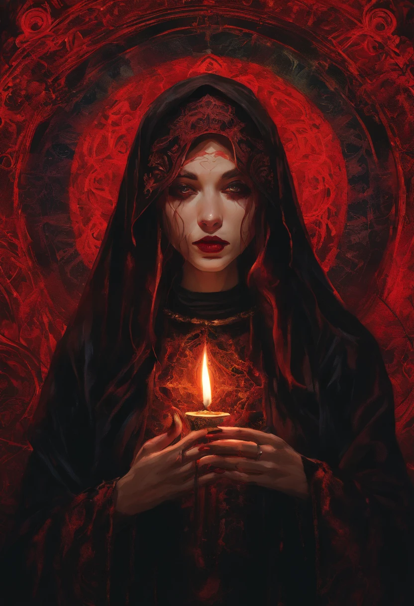 (sexy gothic demonic nun), dark, mysterious, enchanting, hauntingly beautiful, (detailed facial features, piercing eyes, dark red lips), black flowing robes, cross necklace, sensual, alluring pose, (((midriff exposed))), (candlelit backdrop, ominous atmosphere), (best quality, highres, ultra-detailed), (gothic art, oil painting, dark fantasy), (dramatic lighting, shadows, ethereal glow), (black and red color scheme, intense contrast), (beautifully composed, intricate details), (evokes a sense of desire and forbidden allure).