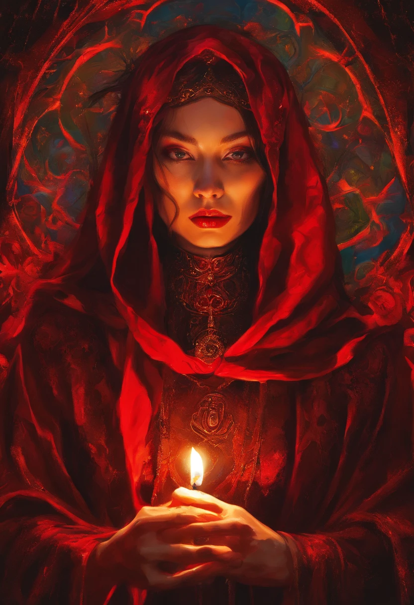 (sexy gothic demonic nun), dark, mysterious, enchanting, hauntingly beautiful, (detailed facial features, piercing eyes, dark red lips), black flowing robes, cross necklace, sensual, alluring pose, (((midriff exposed))), (candlelit backdrop, ominous atmosphere), (best quality, highres, ultra-detailed), (gothic art, oil painting, dark fantasy), (dramatic lighting, shadows, ethereal glow), (black and red color scheme, intense contrast), (beautifully composed, intricate details), (evokes a sense of desire and forbidden allure).