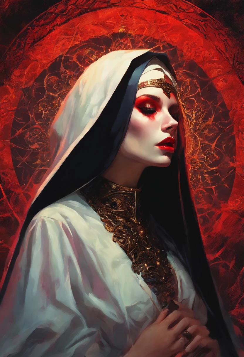 (sexy gothic demonic nun), dark, mysterious, enchanting, hauntingly beautiful, (detailed facial features, piercing eyes, dark red lips), black flowing robes, cross necklace, sensual, alluring pose, (((midriff exposed))), (candlelit backdrop, ominous atmosphere), (best quality, highres, ultra-detailed), (gothic art, oil painting, dark fantasy), (dramatic lighting, shadows, ethereal glow), (black and red color scheme, intense contrast), (beautifully composed, intricate details), (evokes a sense of desire and forbidden allure).