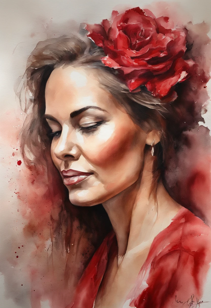 An impasto oil painting of woman, Perfil , vista ao lado, usando uma rosa vermelha em seu cabelo perto da orelha, fundo branco, fechado, hyper realistic oil painting. obra-prima obra de arte.