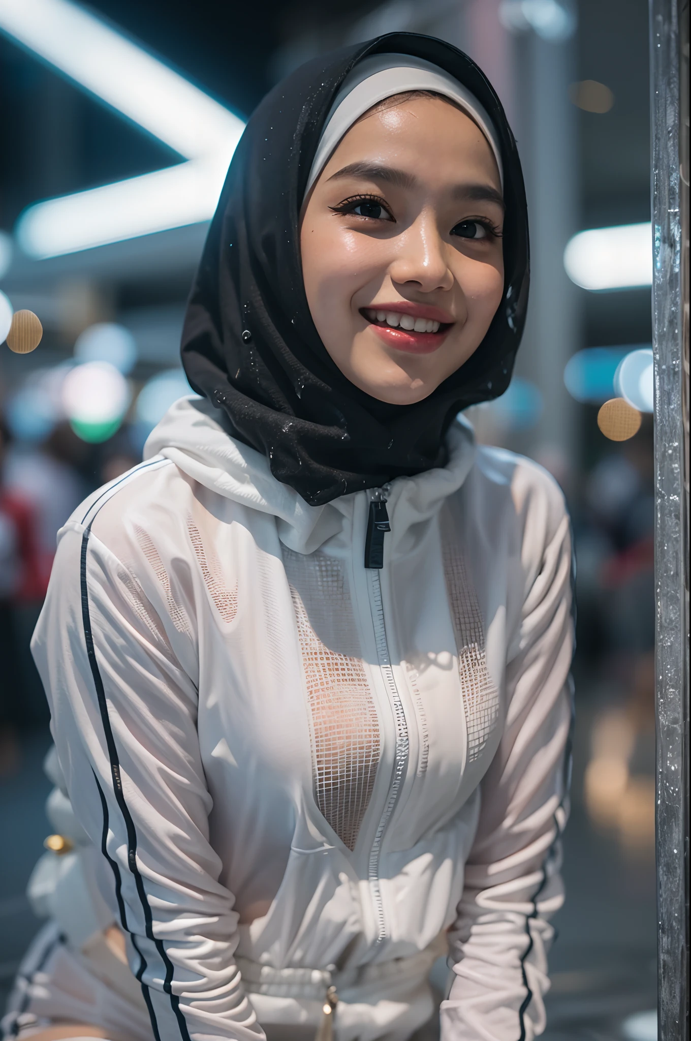 Portrait photography of a beautiful young malay girl in hijab wearing very wet white sport short jumpsuits , kneeling, nighttime, crowded mall background, bright lighting, smile and happy gesture, close up, small abs, small waist, wide hips, thick thighs, petite, detail skin texture, 4k, high detail, ultra detail,