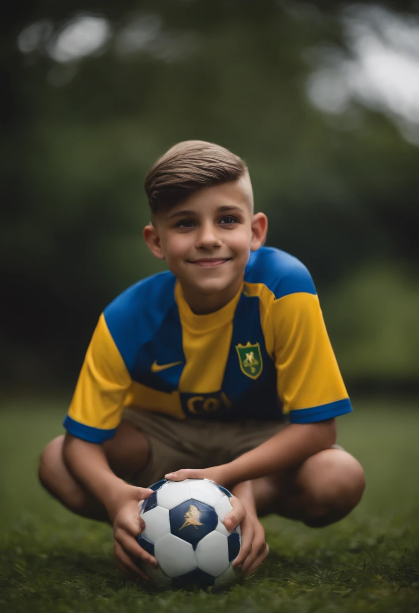 Imagine An playing fortnite, we can clearly see the tv the game is being played on, he is playing the game on a playstation 4, and is holding a brazillian soccer ball. He has his hair shaved really short, and is a bit chubby. He is wearing a blue Fortaleza soccer team t-shirt. He is a little bit upset.