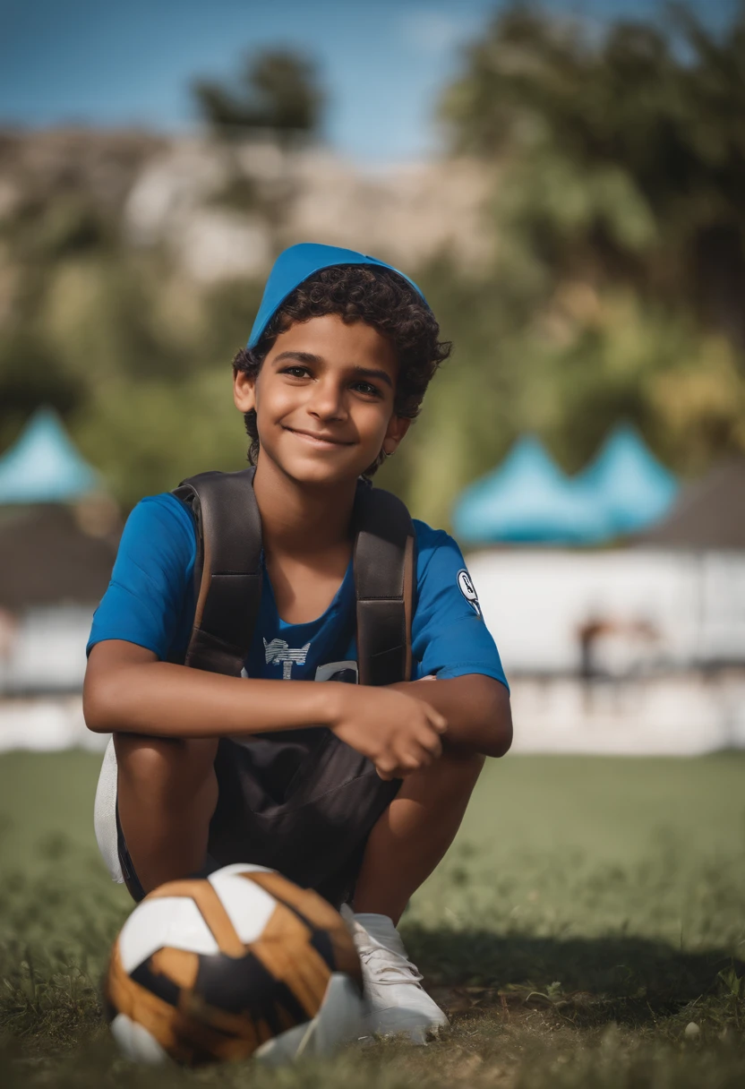 Imagine An eleven year old kid playing fortnite, we can clearly see the tv the game is being played on, he is playing the game on a playstation 4, and is holding a brazillian soccer ball.  He has his hair shaved really short, and is a bit chubby. He is wearing a blue Fortaleza soccer team t-shirt. He is a little bit upset.