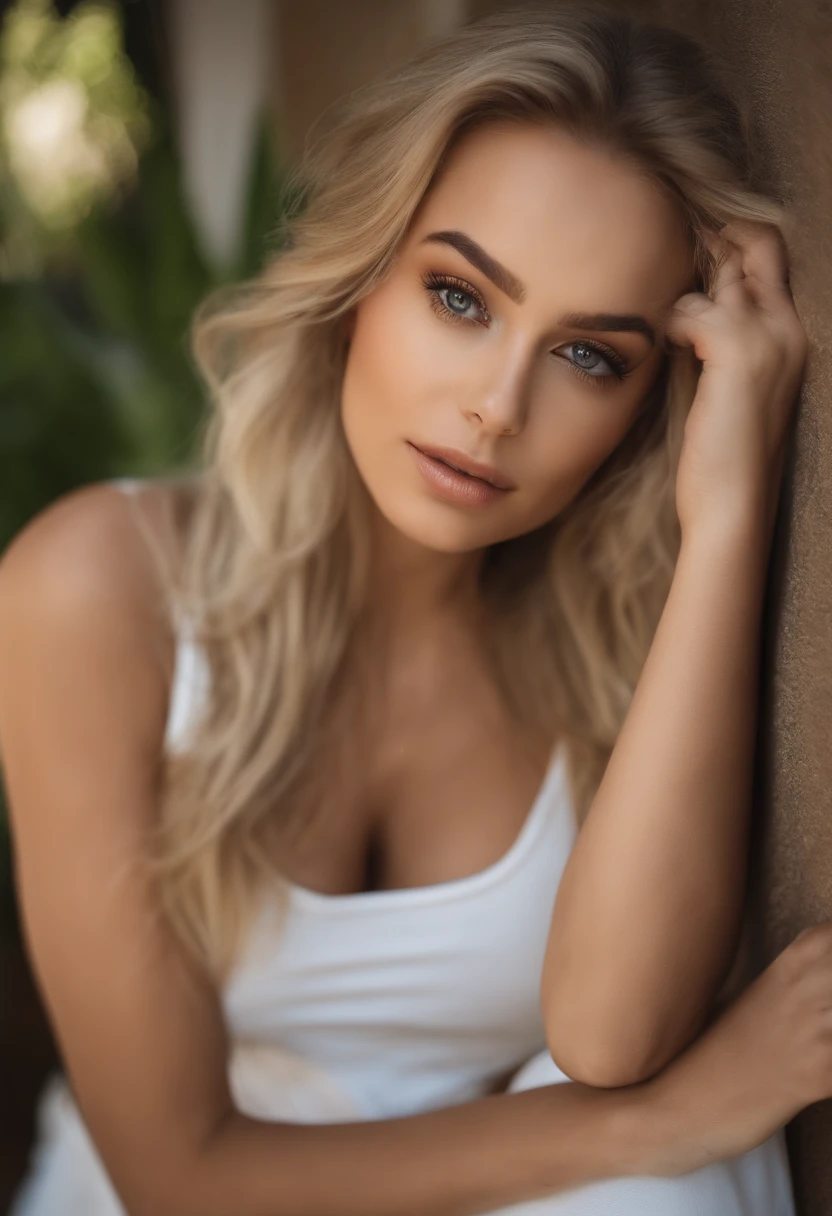 Oman with matching tank top and panties, fille sexy aux yeux bleus, Portrait Sophie Mudd, Portrait de Corinna Kopf, cheveux blonds et grands yeux, selfie of a young woman, ohne Maquillage, maquillage naturel, Look directly into the camera, Visage avec Artgram, dezentes Maquillage, Grande photo du corps entier, dans la chambre, gros seins, Blond, Realstic