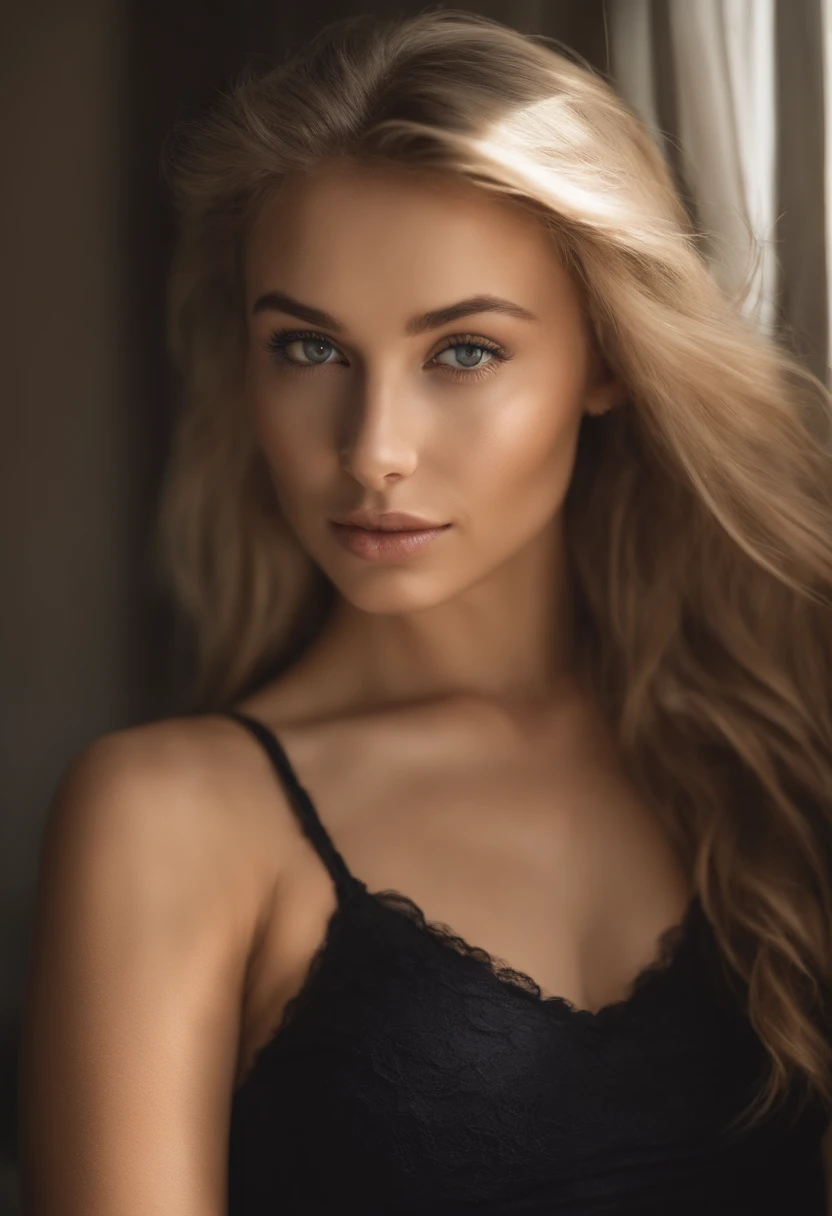 Create realistic photos of 18-year-old girls with blonde hair (Longitud hasta los hombros), cara linda, todo el cuerpo, cuerpo delgado, piernas bien formadas, tobillos delgados, cintura delgada, ojos verdes y pechos grandes, She is completely naked, she is on the beach.