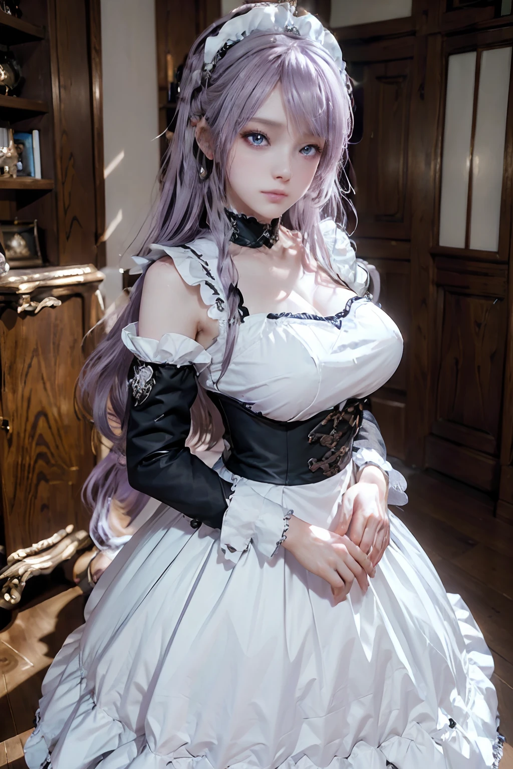 The woman, (European Citizenship: 1.2) In a black and white outfit posing for a photo, maiden! Dress, Anime Girl Cosplay, anime girl in a maid costume, The Magnificent Maiden, maid outfit, cosplay photo, cosplay, anime cosplay, A Few Cute Poses, (Face of the Goddess), (Elegant posture: 1.4), Elegant atmosphere, Noble atmosphere, (Milf: 1.6) (Pale purple hair: 1.5), (Cyan eyes: 1.4), (maidservant: 1.4), (Black and White Maid Outfit: 1.1), (Incredible beauty, High facial detail:1.3),