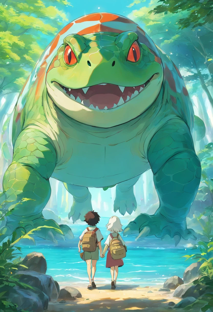 A beautiful fusion monster,Glans head,The limbs are frog palms,Carrying a turtle shell,anthropomorphic turtle,warriors,Fantastical colors,Natural,Take the Sea King Trident,Stand on the sea with your waist crossed