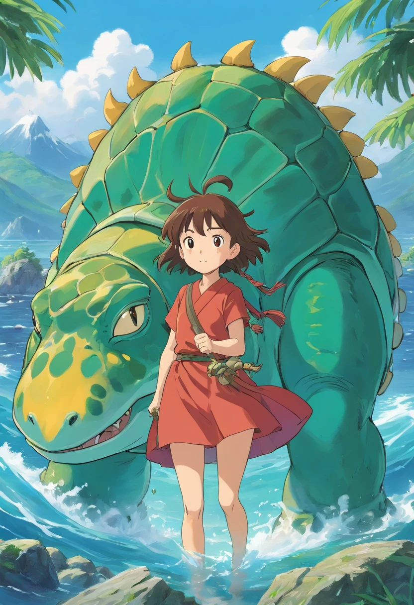 A beautiful fusion monster,Glans head,The limbs are frog palms,Carrying a turtle shell,anthropomorphic turtle,warriors,Fantastical colors,Natural,Take the Sea King Trident,Stand on the sea with your waist crossed