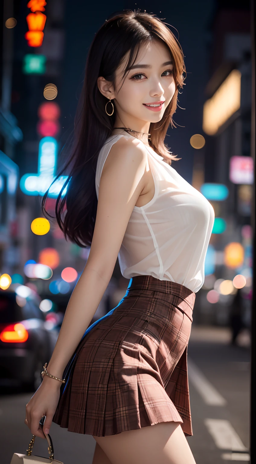 ((8K, masutepiece, Raw photo, Best Quality, Photorealistic))、NSFW:1.1、Highly detailed CG Unity 8k wallpaper, depth of fields, Cinematic Light, Lens Flare, Ray tracing, (Extremely beautiful face, Beautiful lips, Beautiful eyes), (stunningly beautiful face)、long lashes、intricate detail face, ((Ultra detailed skin)) 、1girl in, In the Dark, deepshadow, Pretty Korean girl, Kpop Idol, (Slim and slender body), ((Looking at Viewer)), (Big smile:1.3), (Night), (Neon sign-on on the background), (Blurry background), Midnight, (No people in the background:1.4), Pretty Korean girl, White Diamond Earrings, Bracelets, Necklace, Clear eyes, lipgloss、Walking , Front shot, (pale skin), Face forward, (Big eyes), Full body shot, ((see through blouse)), ((White light blouse))、(The blouse is sleeveless)、((Sleeveless blouse))、(Shoulders are exposed)、((The blouse is sheer))、((Plaid pleated skirt)), (Pleated mini-skirt)(Looking at Viewer:1.3), Very slim, (large full breasts), (teats see through)、Hermes Bag, Plaid mini skirt、((Wearing a micro mini skirt))、Attractive thighs、