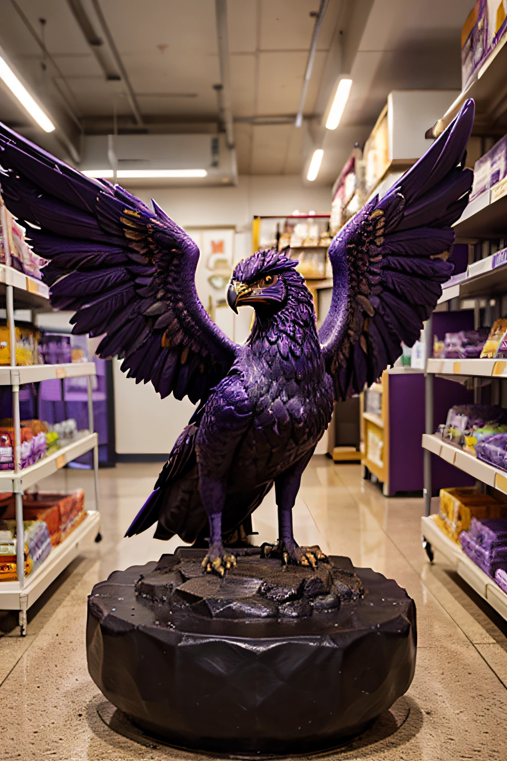 Statue of a purple phoenix in a pet shop