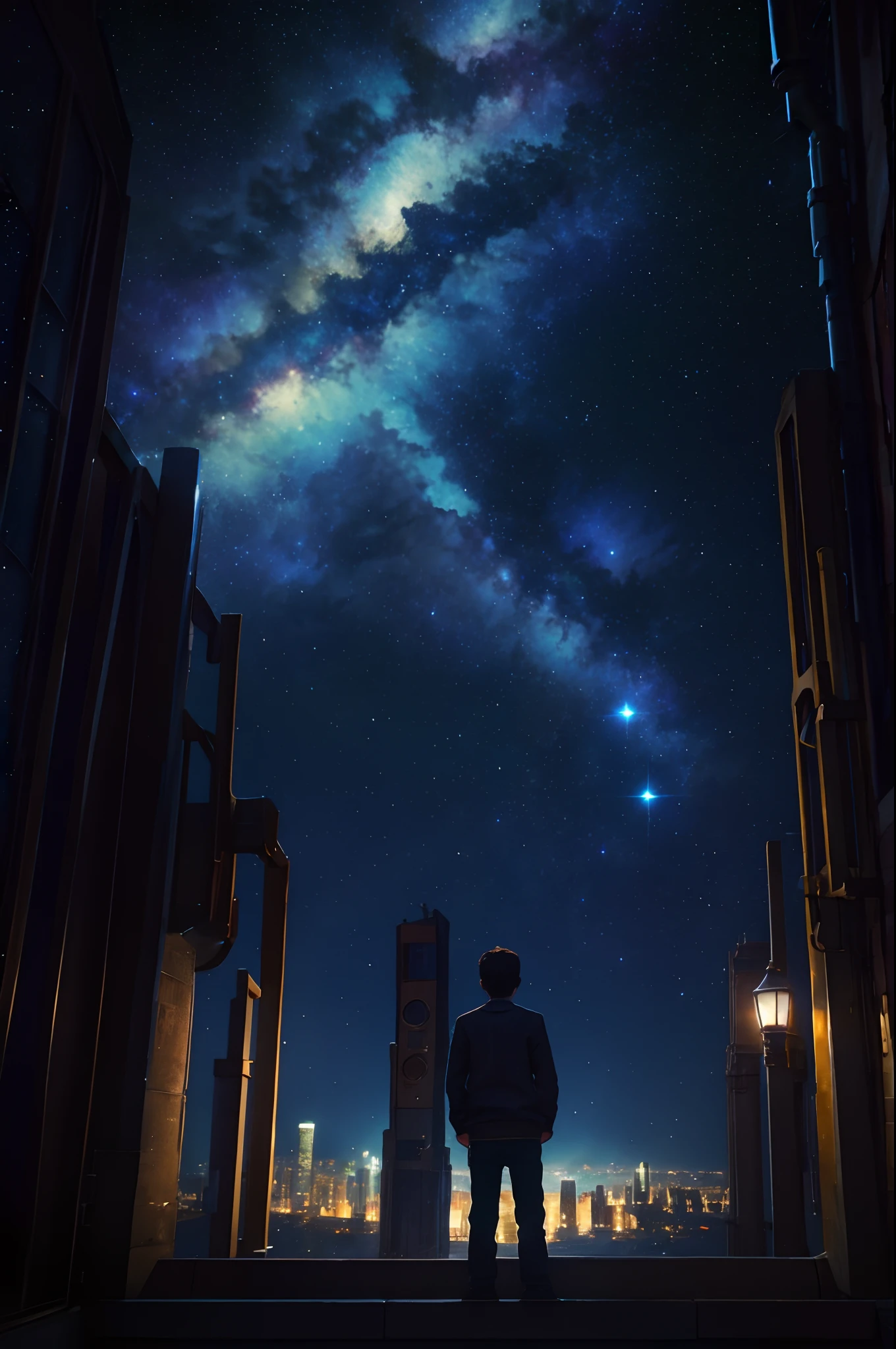 Boy looking at a city in the depths with starry sky