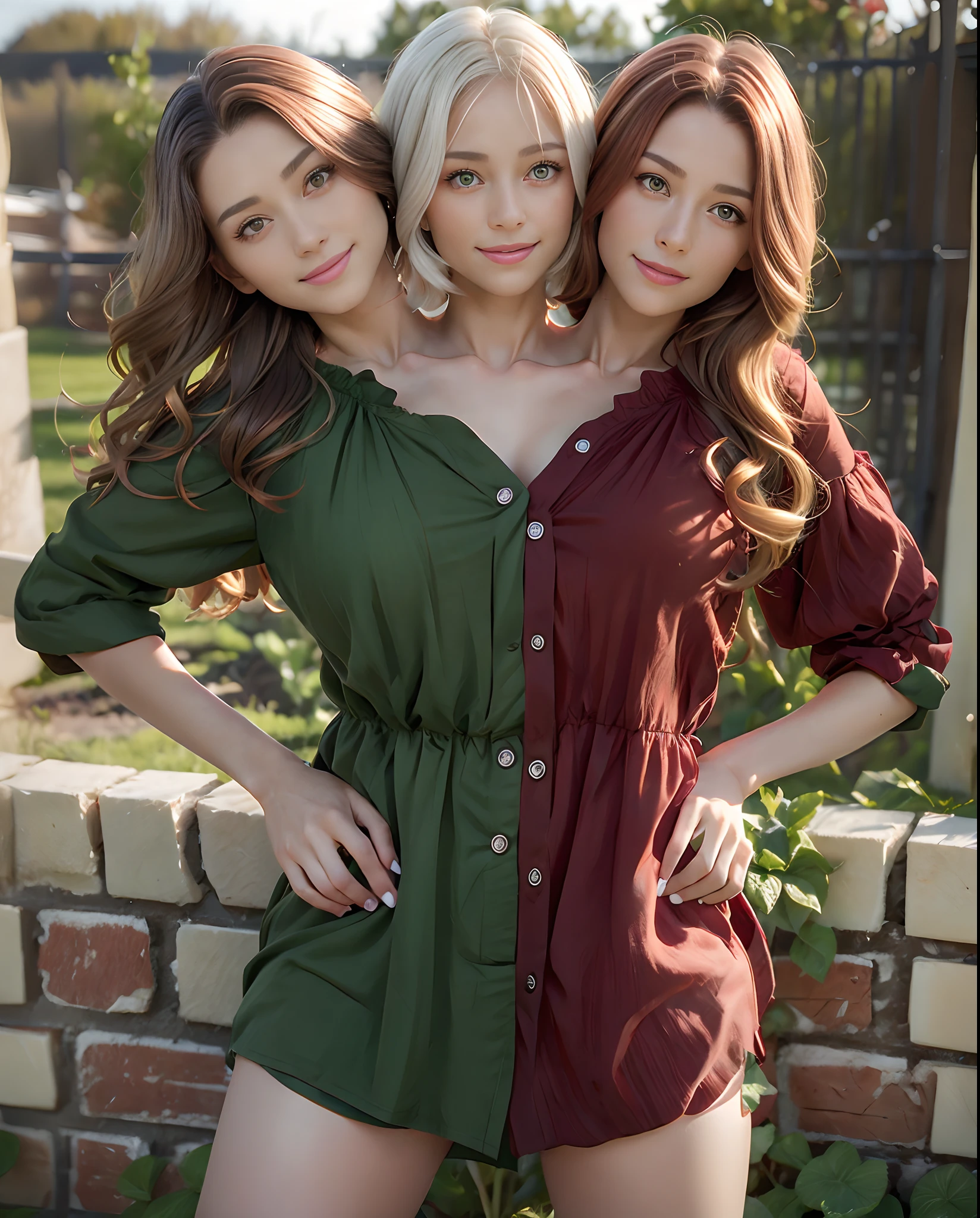 best resolution, girl with two heads, different skintones, different haircolor, green and red button top, garden fence background
