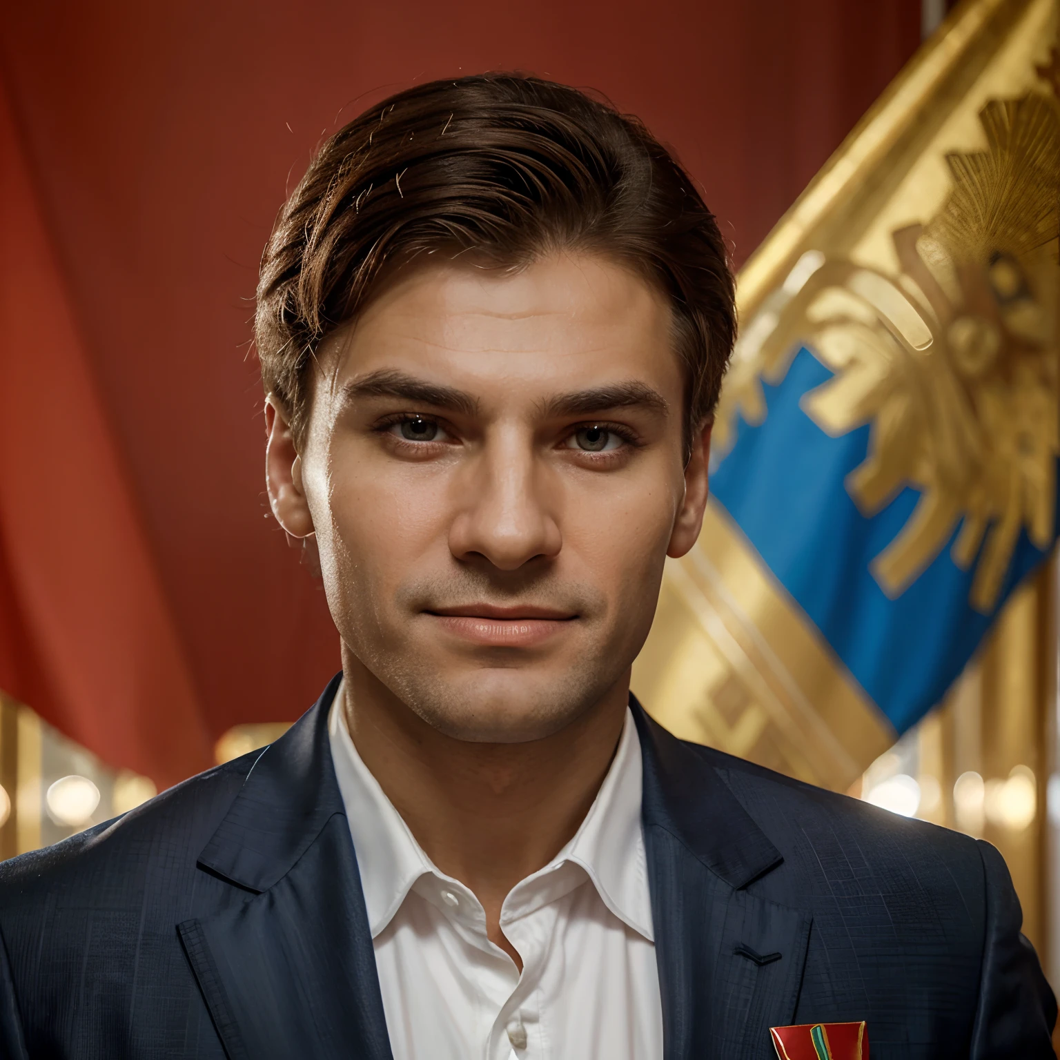 a Russian mayor from a Soviet-style city in Brazil wearing a suit, [portrait], [oil painting], detailed face and expression, strong jawline, intense eyes, confident smile, neatly combed hair, high-res image, vibrant colors, soft lighting, realistic background, authentic Soviet architecture, Soviet flag in the background, vintage atmosphere, historical significance