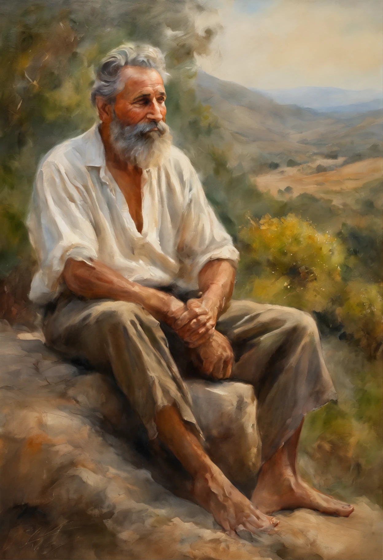 Um homem velho sentado em agradecimento, Expressing gratitude, sentado no alto de uma montanha, paisagem linda, demonstrando espiritualidade, cinematografic, imagem 8k, roupas cobrindo todo o corpo, Hands close to each other, meditation, agradecimento, cabelos calvos, sereno, Showing Gratitude, olhos entre abertos, pernas encolhidas, sentado, rosto levemente levantado para o alto, mas na altura do peito, cabelos calvos, homem cubano, sul americano, gratitude.