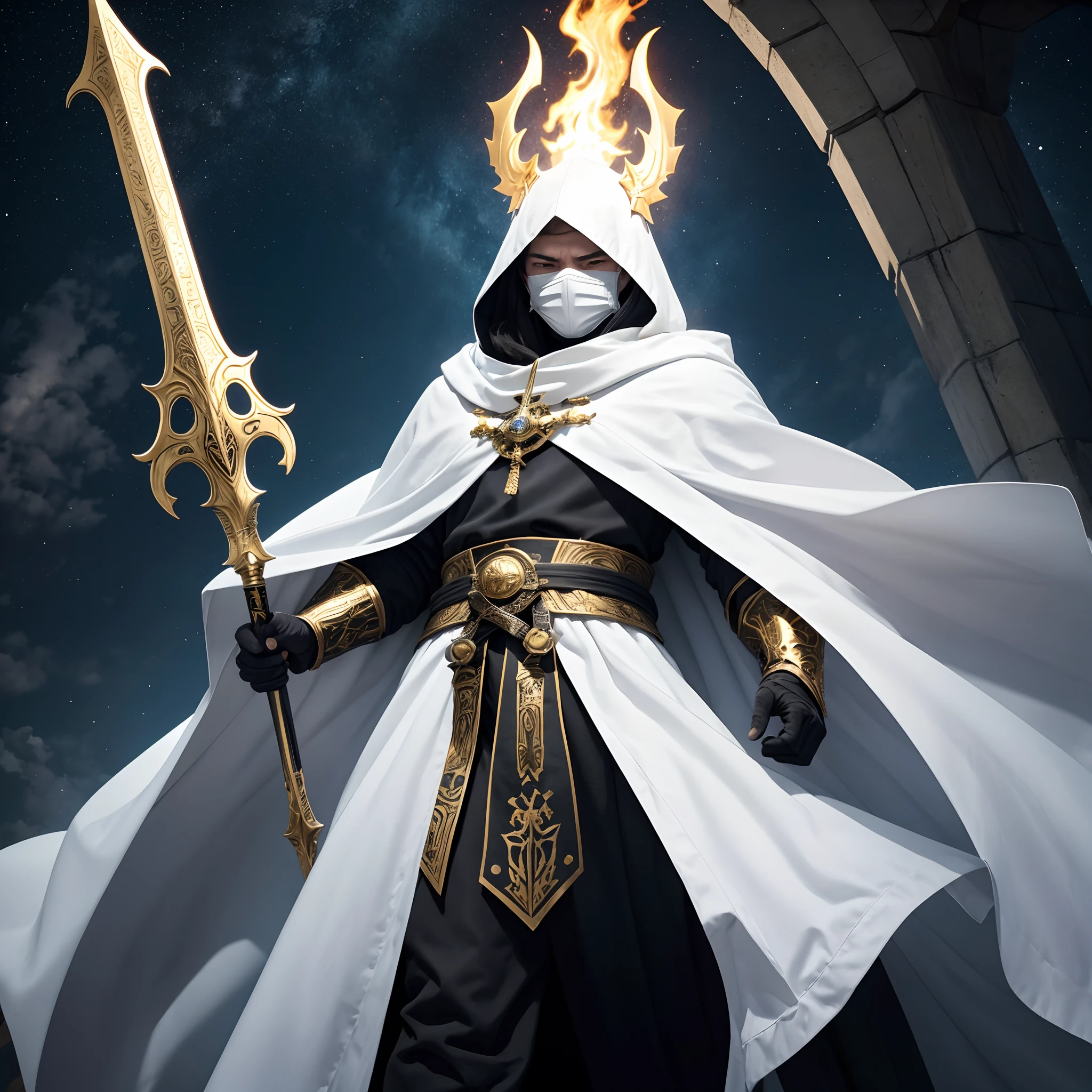 full body low angle shot of an intimidating male unarmored holy warrior with a large flowing white cloak with hood wearing a black and golden clothes and wielding a two-handed greatsword burning with golden flames standing on top of a castle tower on a starry night, man, ritualistic mask, long white cloak, shining white eyes, low angle, highly detailed, divine aspect, masked a porcelain mask, face covered with a mask