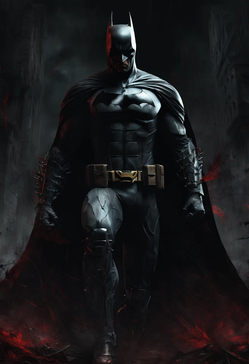 (best quality,highres,masterpiece:1.2),ultra-detailed,(realistic:1.37),Batman,full body,detail-rich eyes and face,combat stance,holding a red dagger,physically-based rendering,sharp focus,vivid colors,dark and moody lighting,noise reduction,gritty and dramatic art style