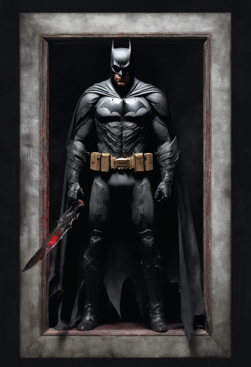 (best quality,highres,masterpiece:1.2),ultra-detailed,(realistic:1.37),Batman,full body,detail-rich eyes and face,combat stance,holding a red dagger,physically-based rendering,sharp focus,vivid colors,dark and moody lighting,noise reduction,gritty and dramatic art style